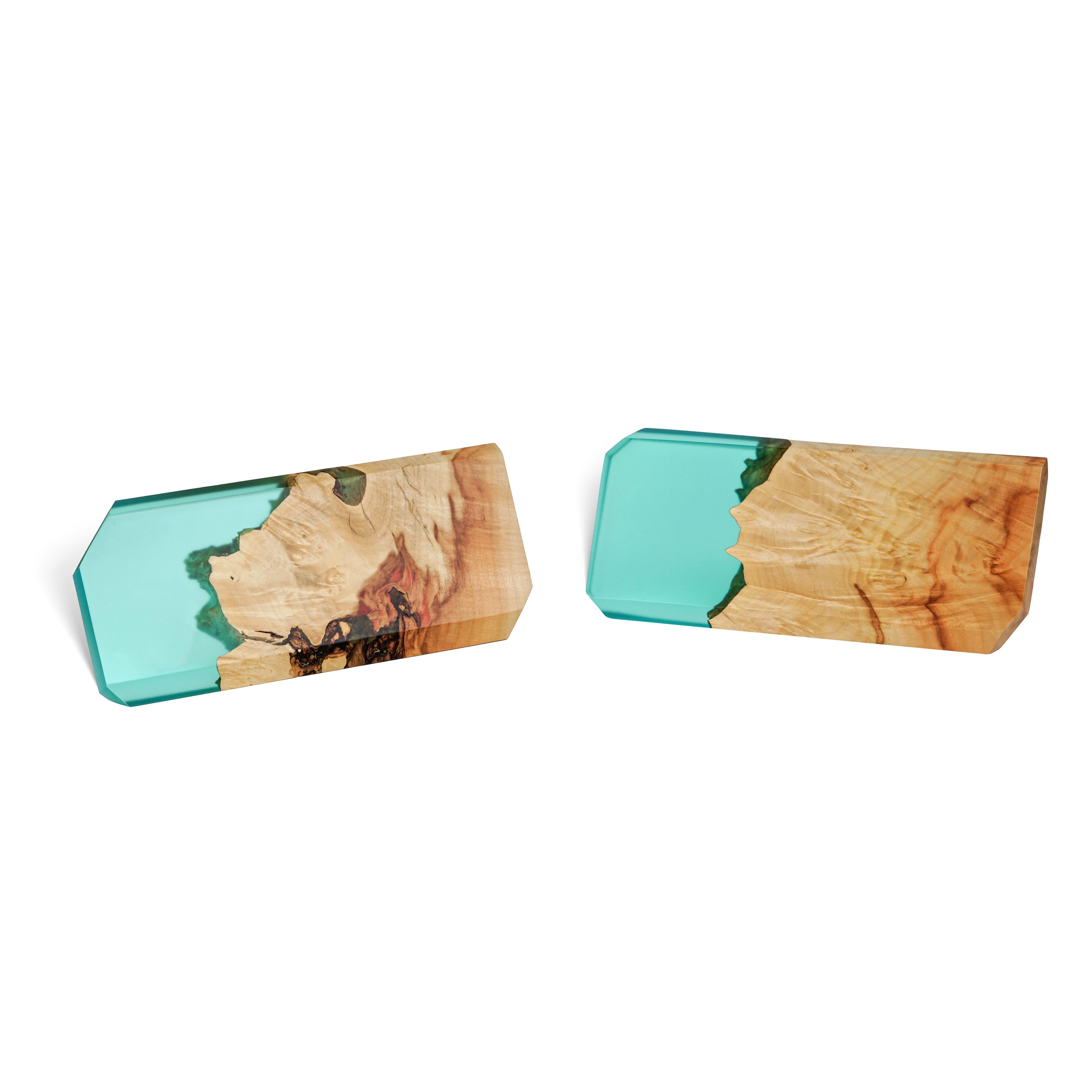 Top view of the personalized MODERN desk name plate made from maple wood and aqua blue epoxy resin