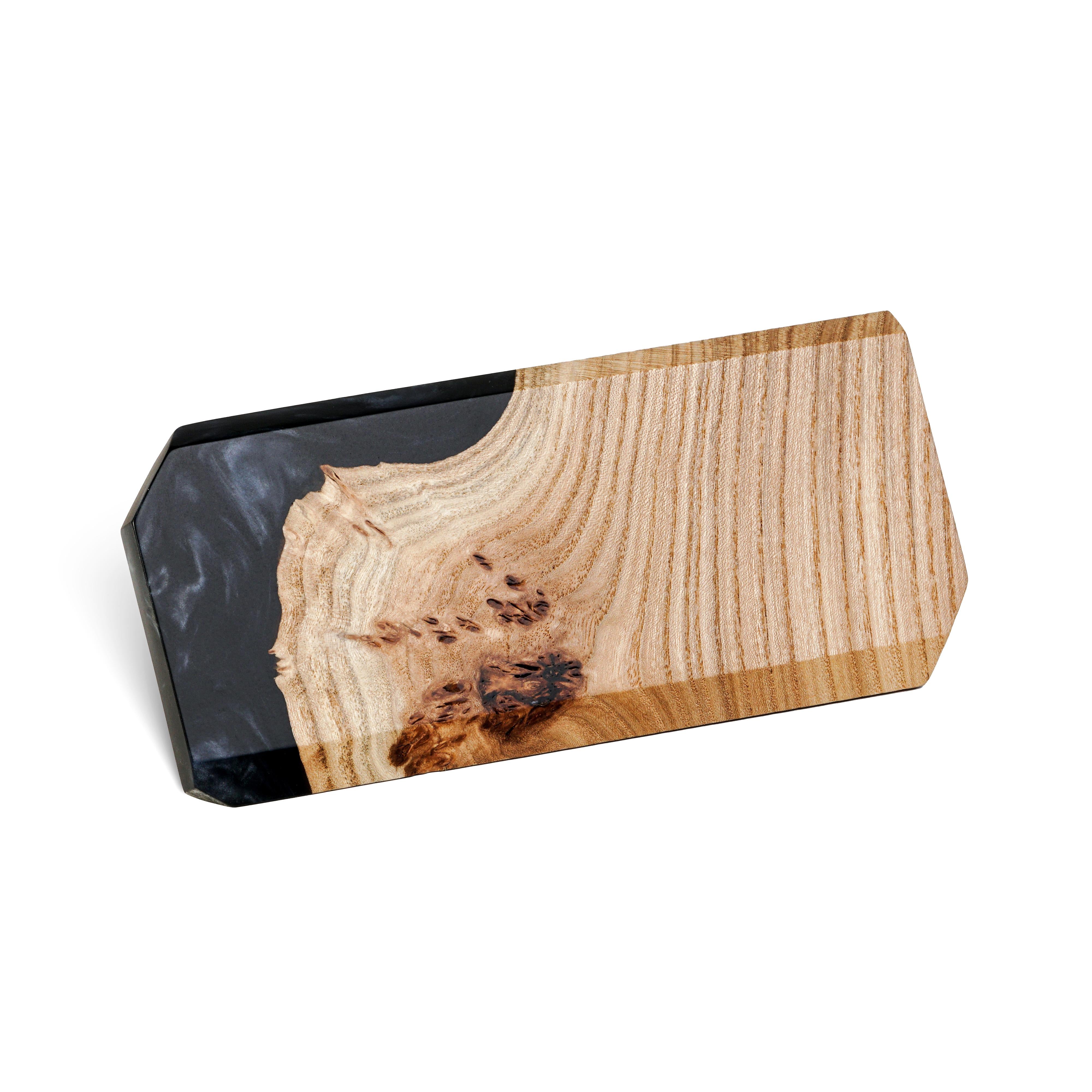 Close-up of the personalized MODERN desk name plate handcrafted from elm wood and black epoxy resin