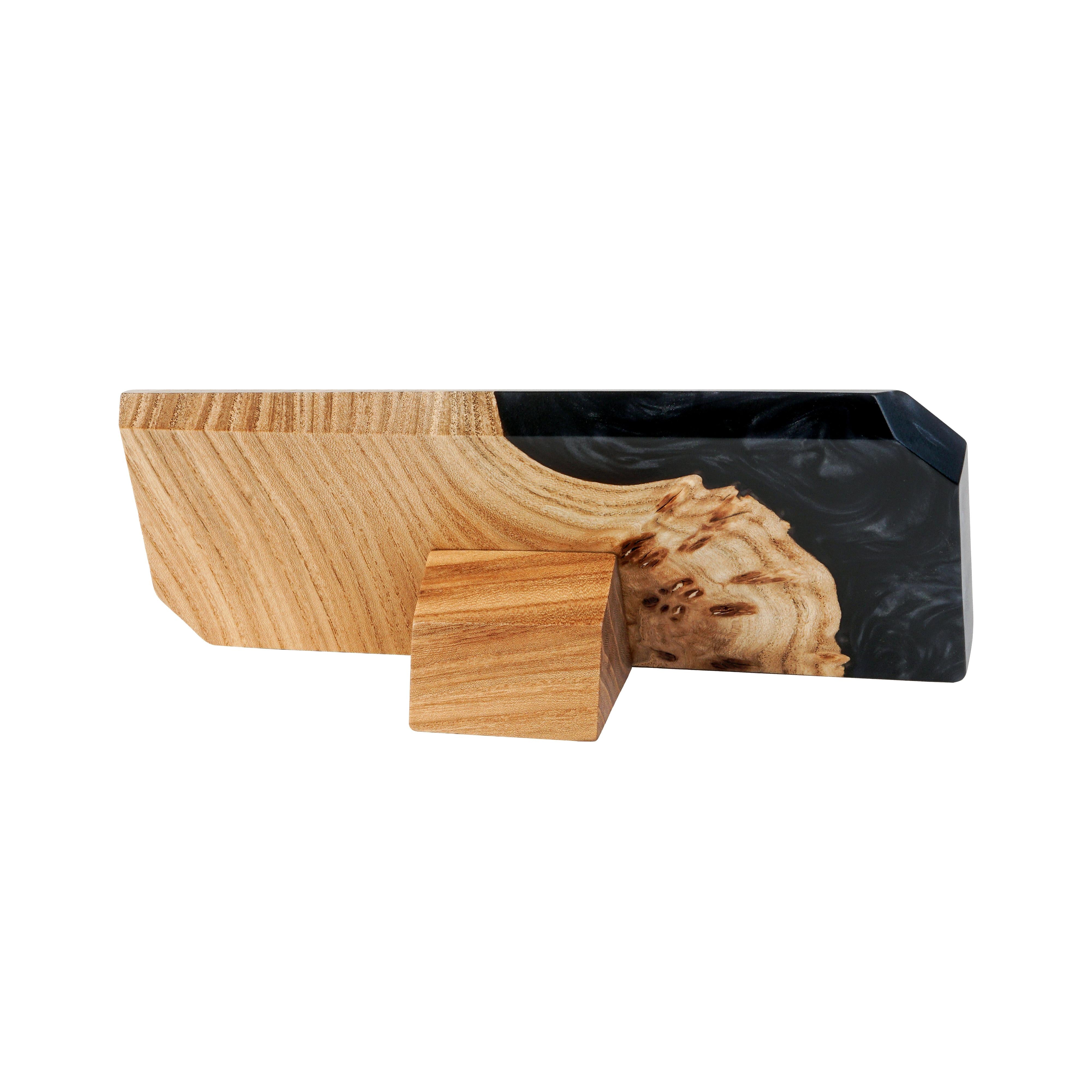 Rear view of the personalized MODERN desk name plate handcrafted from elm wood and black epoxy resin