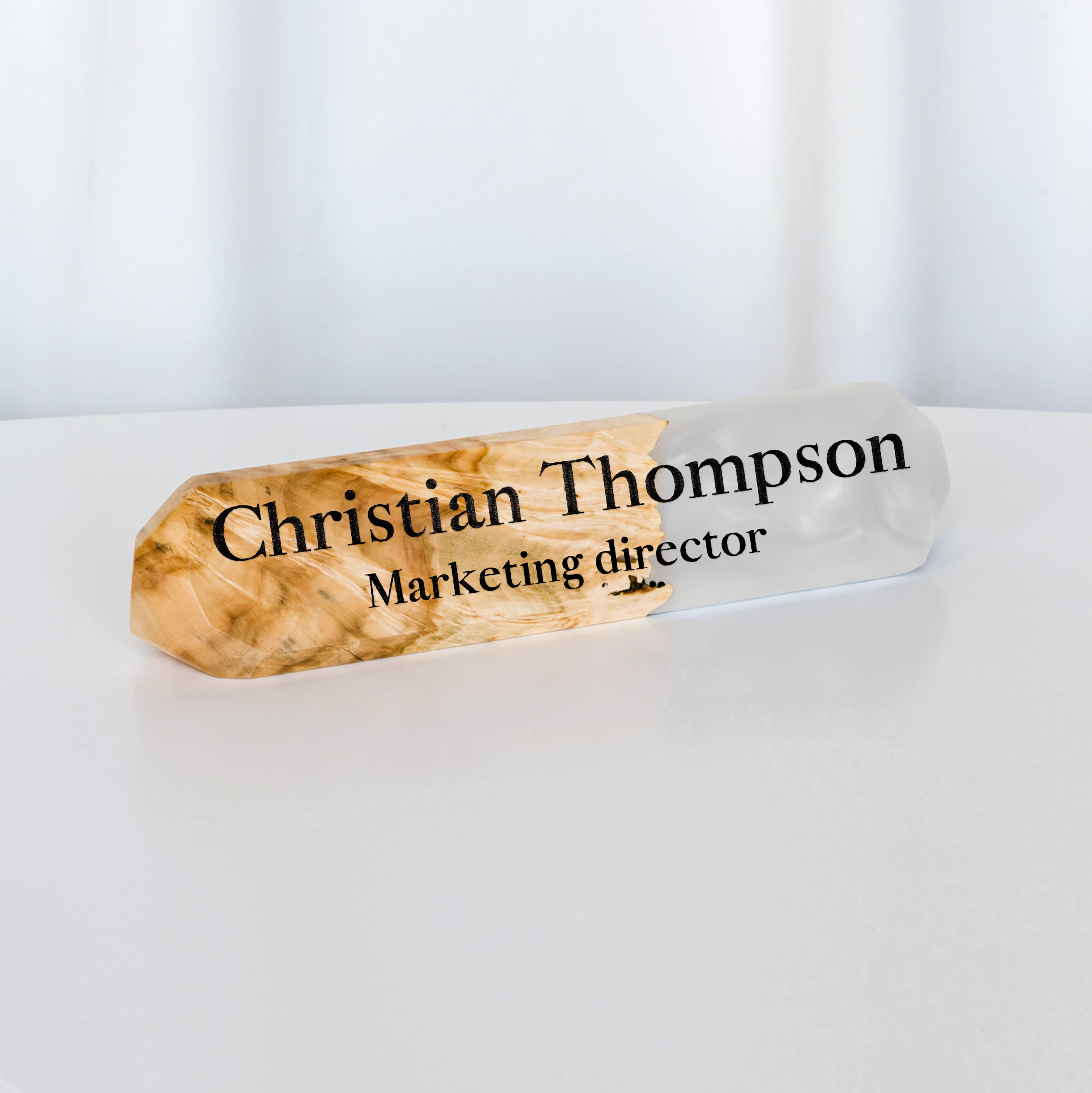 Personalized desk name plate handcrafted from maple wood and platinum epoxy resin