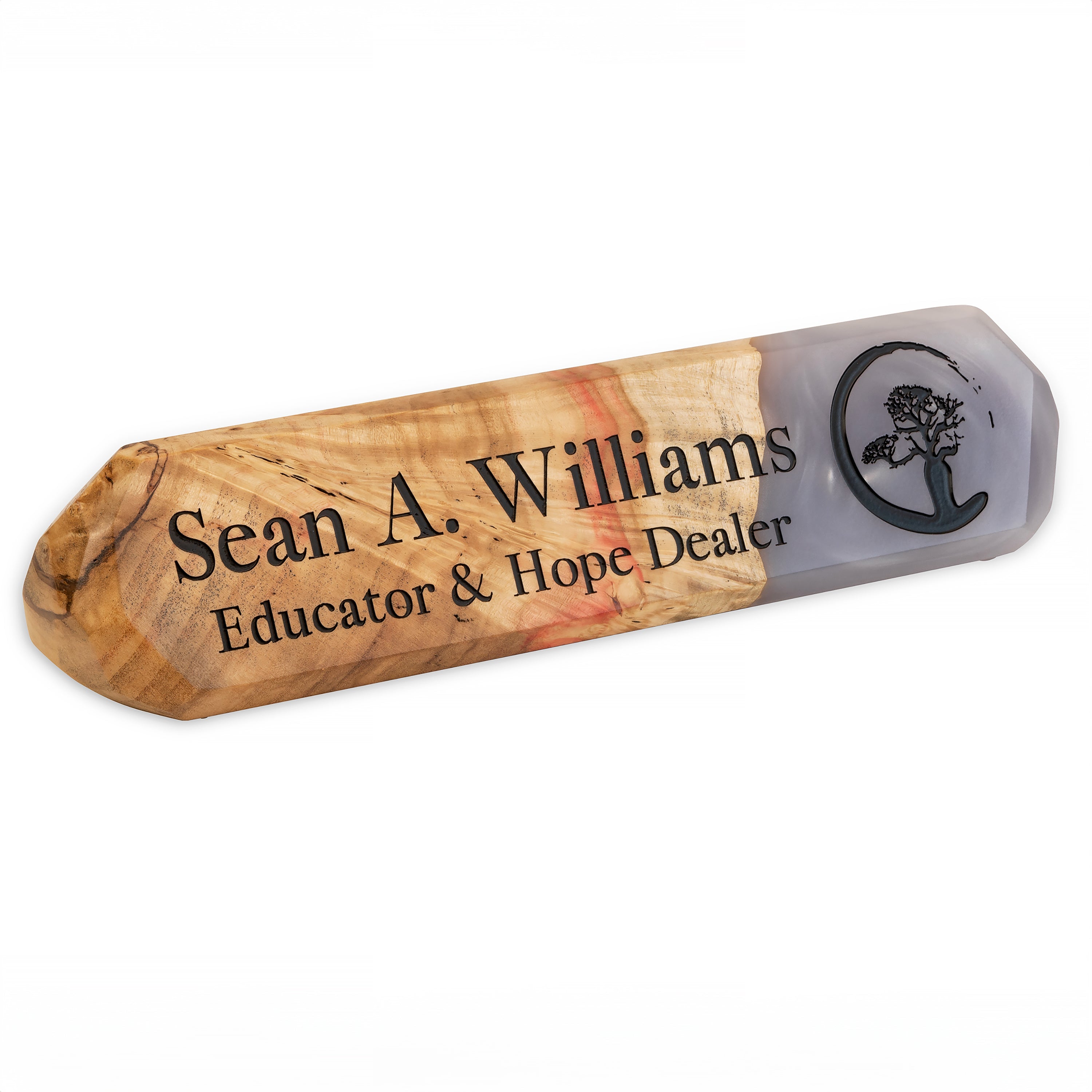 Perspective view of the personalized desk name plate handcrafted from maple wood and platinum epoxy resin