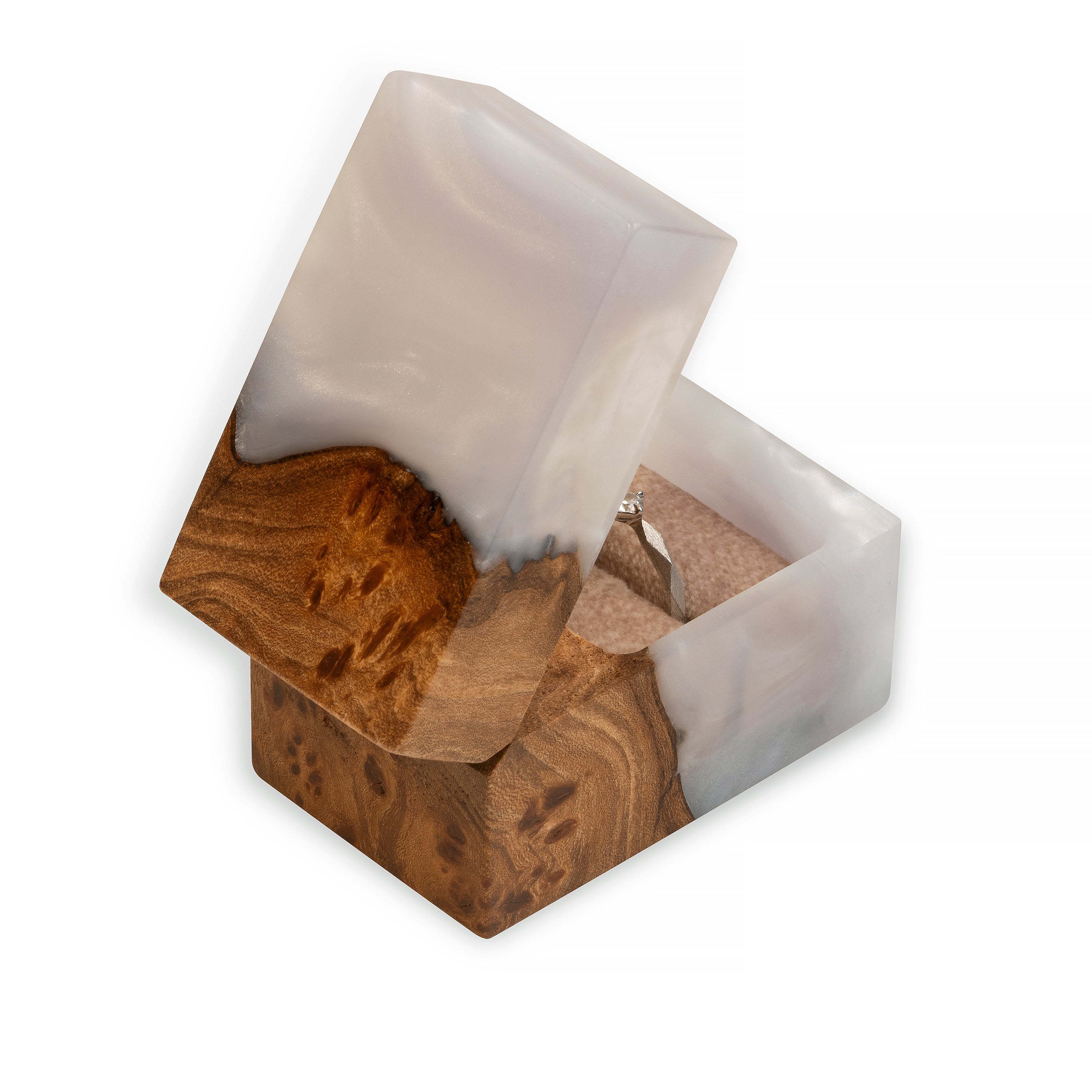 Side view of the open platinum epoxy and elm wood engagement ring box with wooden interior
