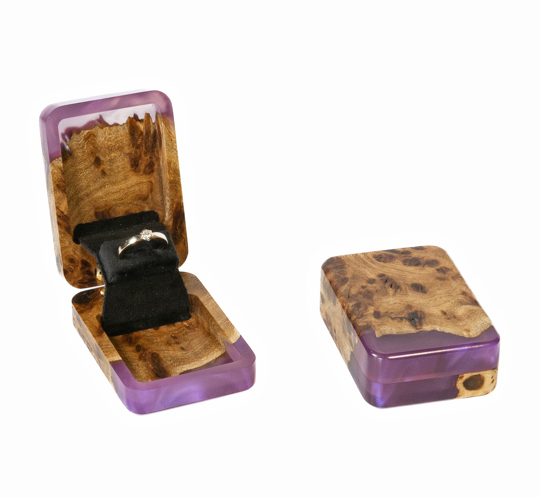 Open and closed purple epoxy and elm wood engagement ring box displayed together