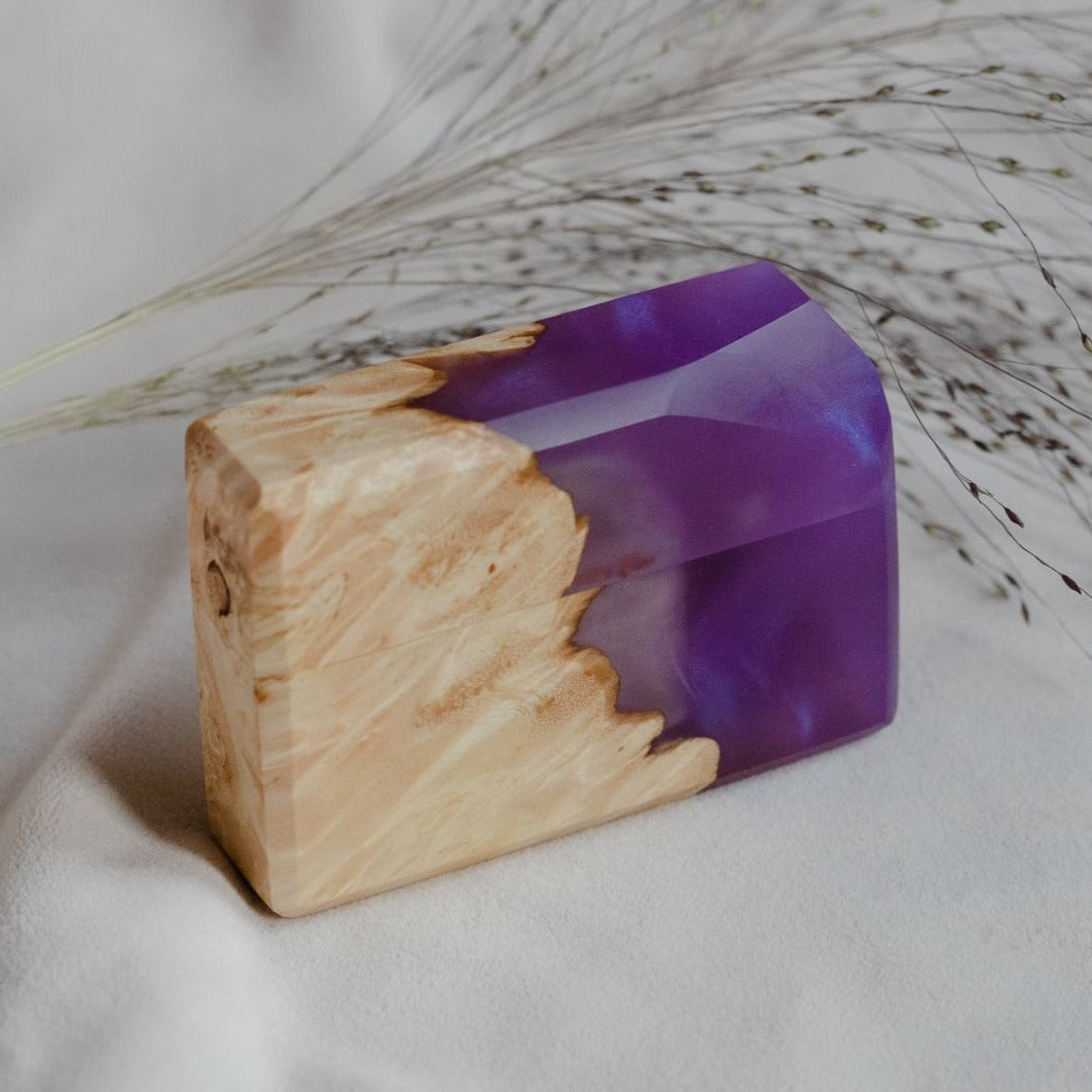 Premium purple epoxy and maple wood engagement ring box highlighting the natural maple grain