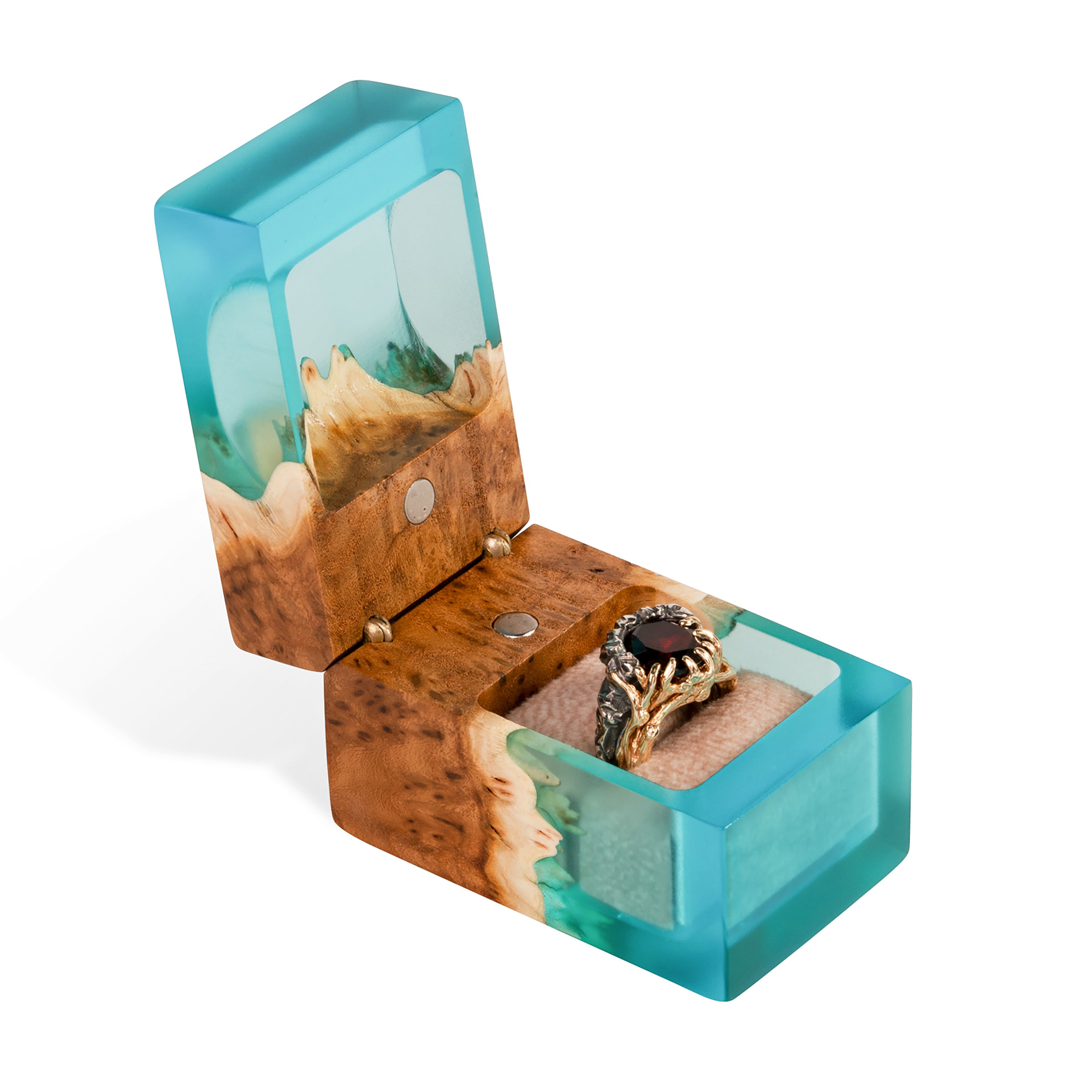 Premium handcrafted aqua blue epoxy and elm wood proposal ring box photographed on a white background
