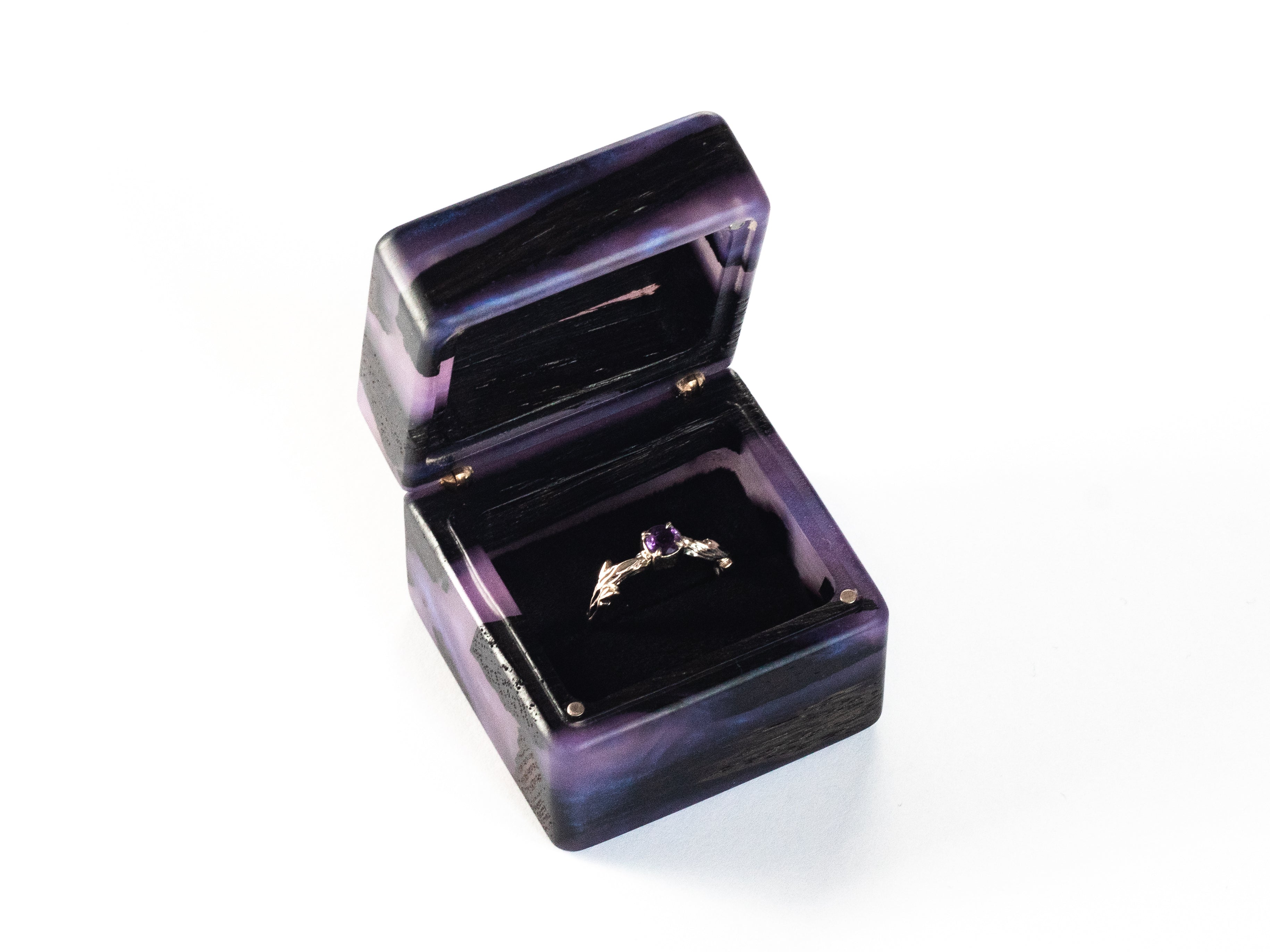 Premium handcrafted proposal ring box with open lid and ring compartment
