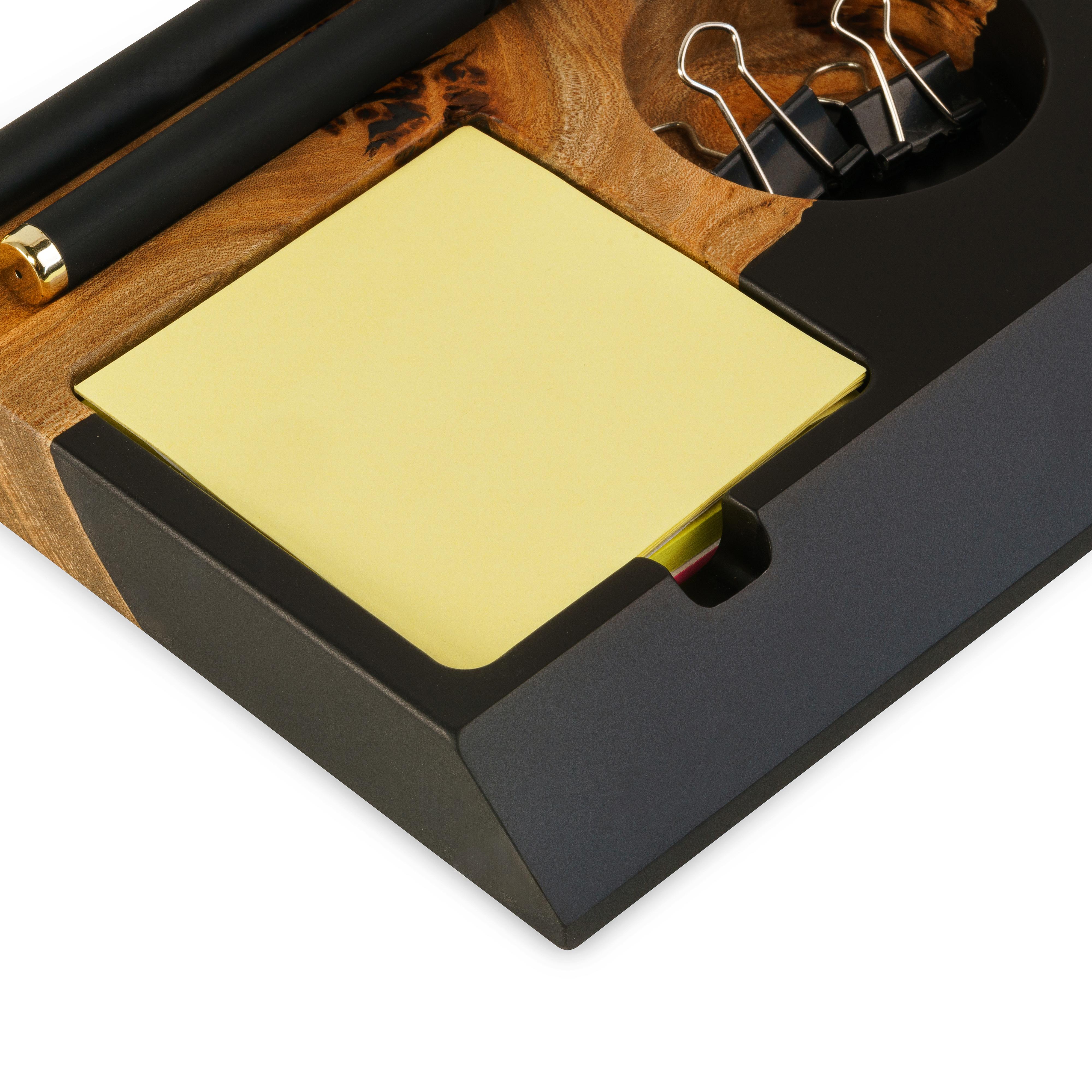 Premium handcrafted wood desk organizer with black epoxy resin, phone stand and pen holder