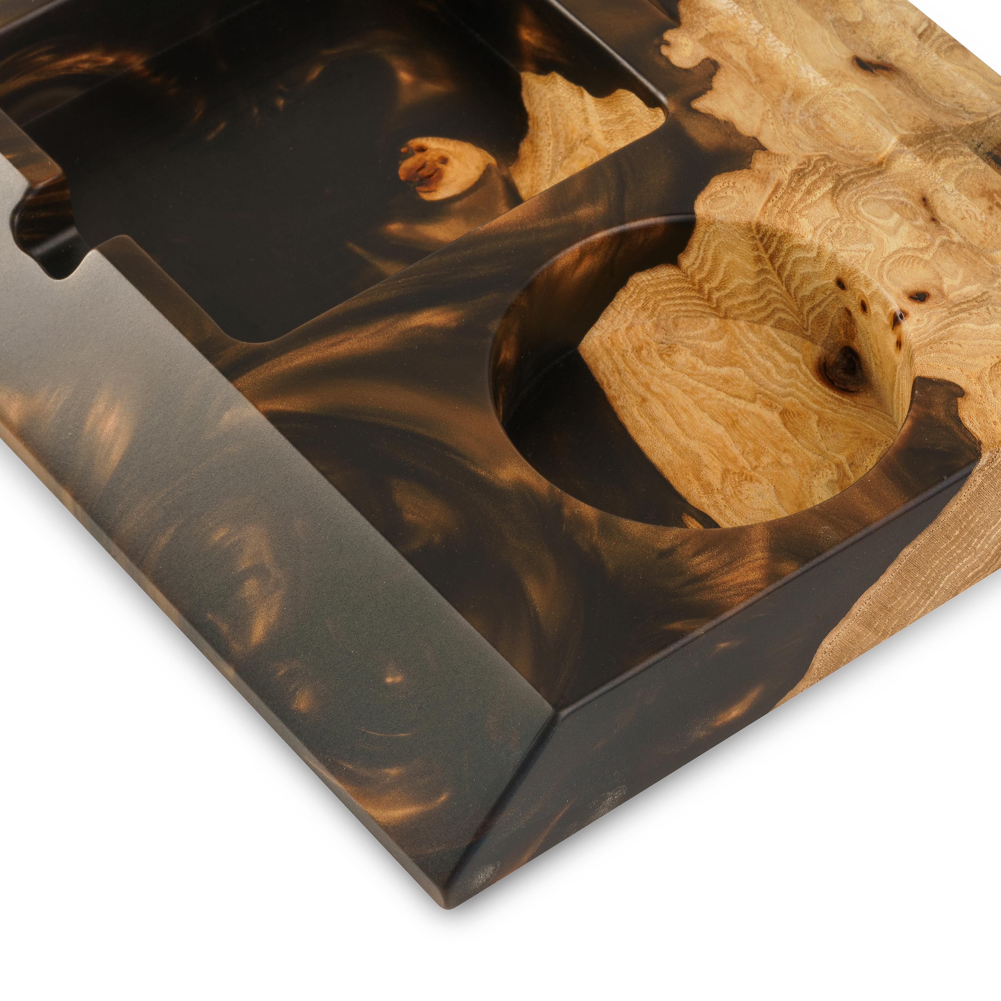 Elegant black epoxy and elm wood desk organizer with phone stand and pen holder for modern offices