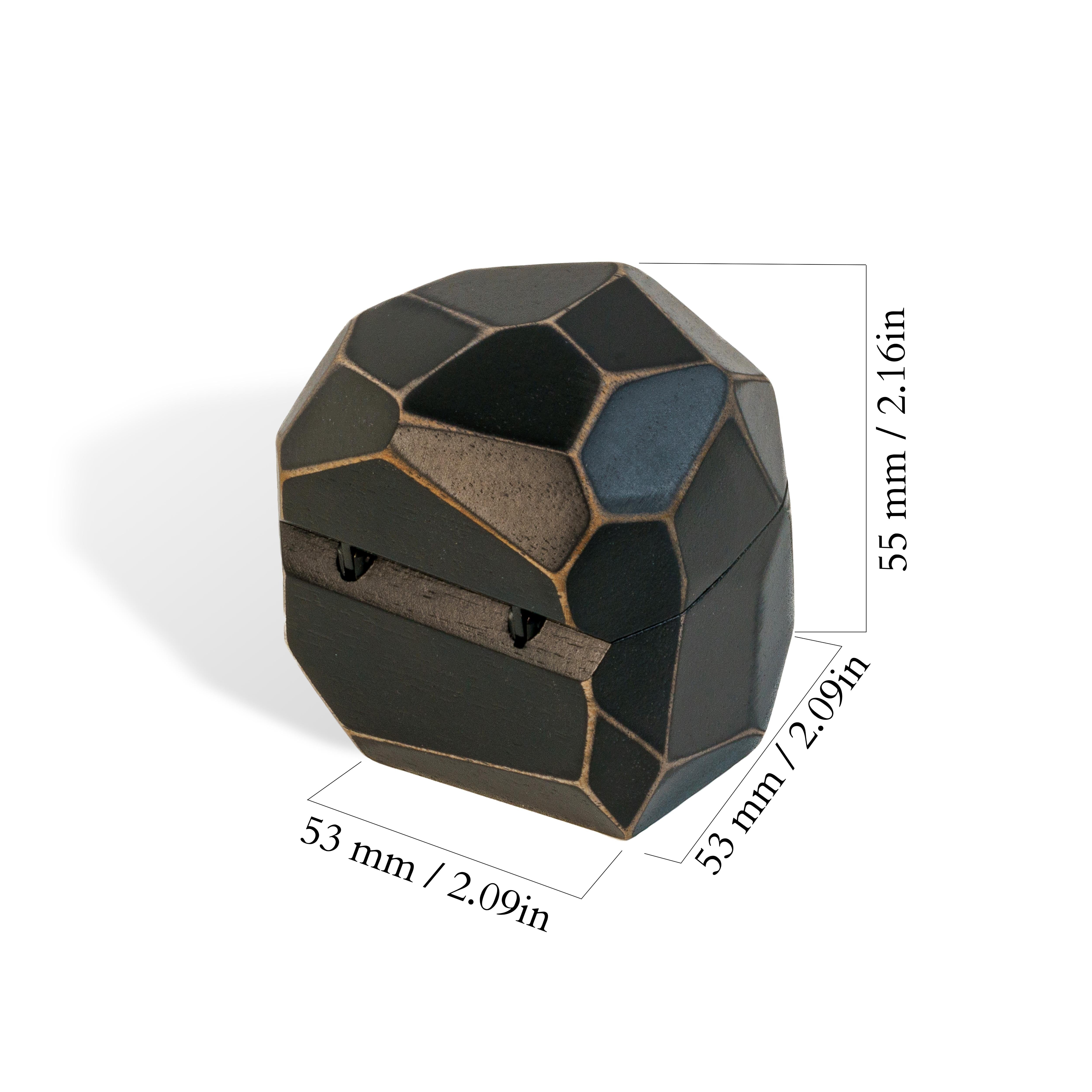 Black epoxy and bog oak wood proposal ring box with dimensions shown for size reference