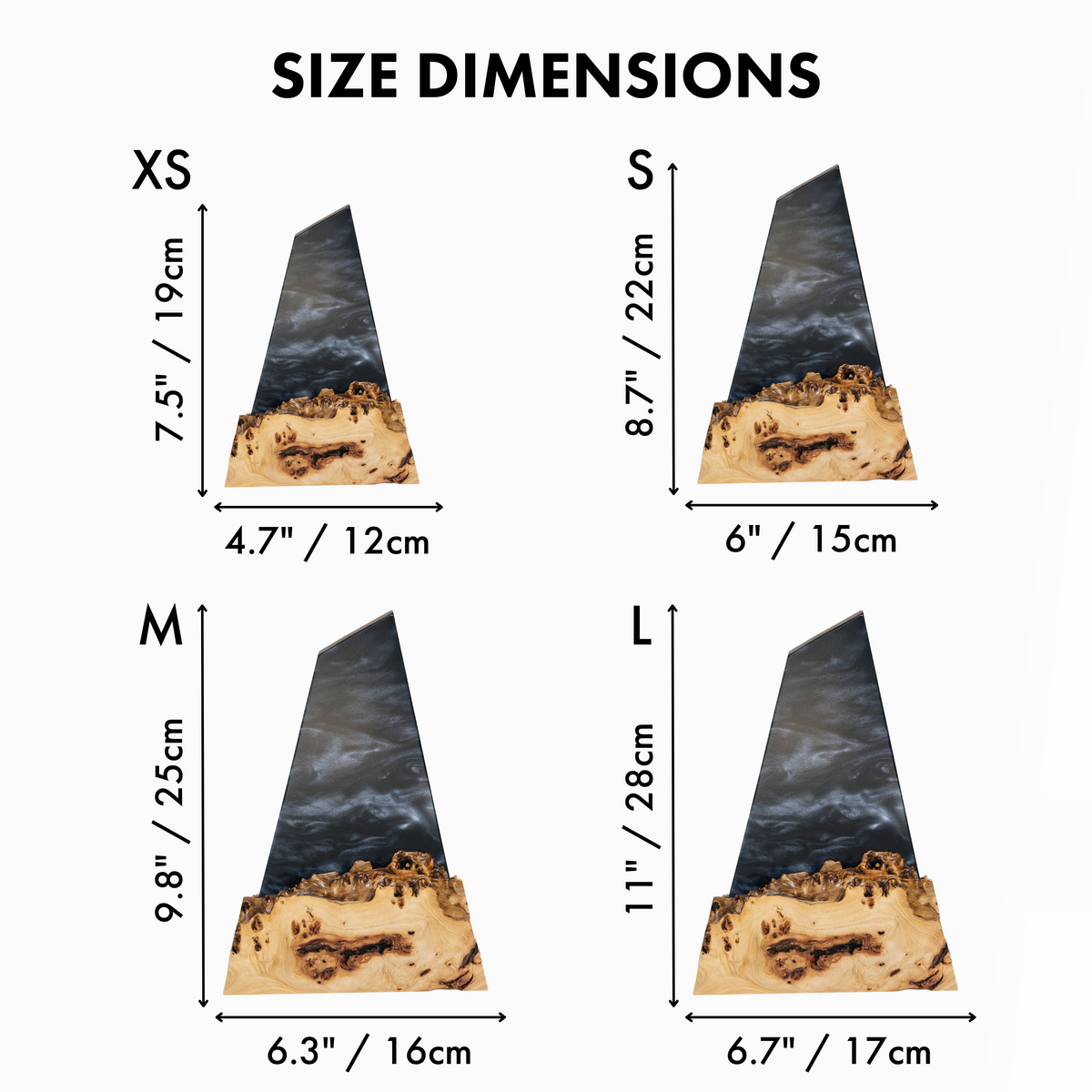 Award plaque size chart: XS 7.5 x 4.7 in, S 8.7 x 6 in, M 9.8 x 6.3 in, L 11 x 6.7 in