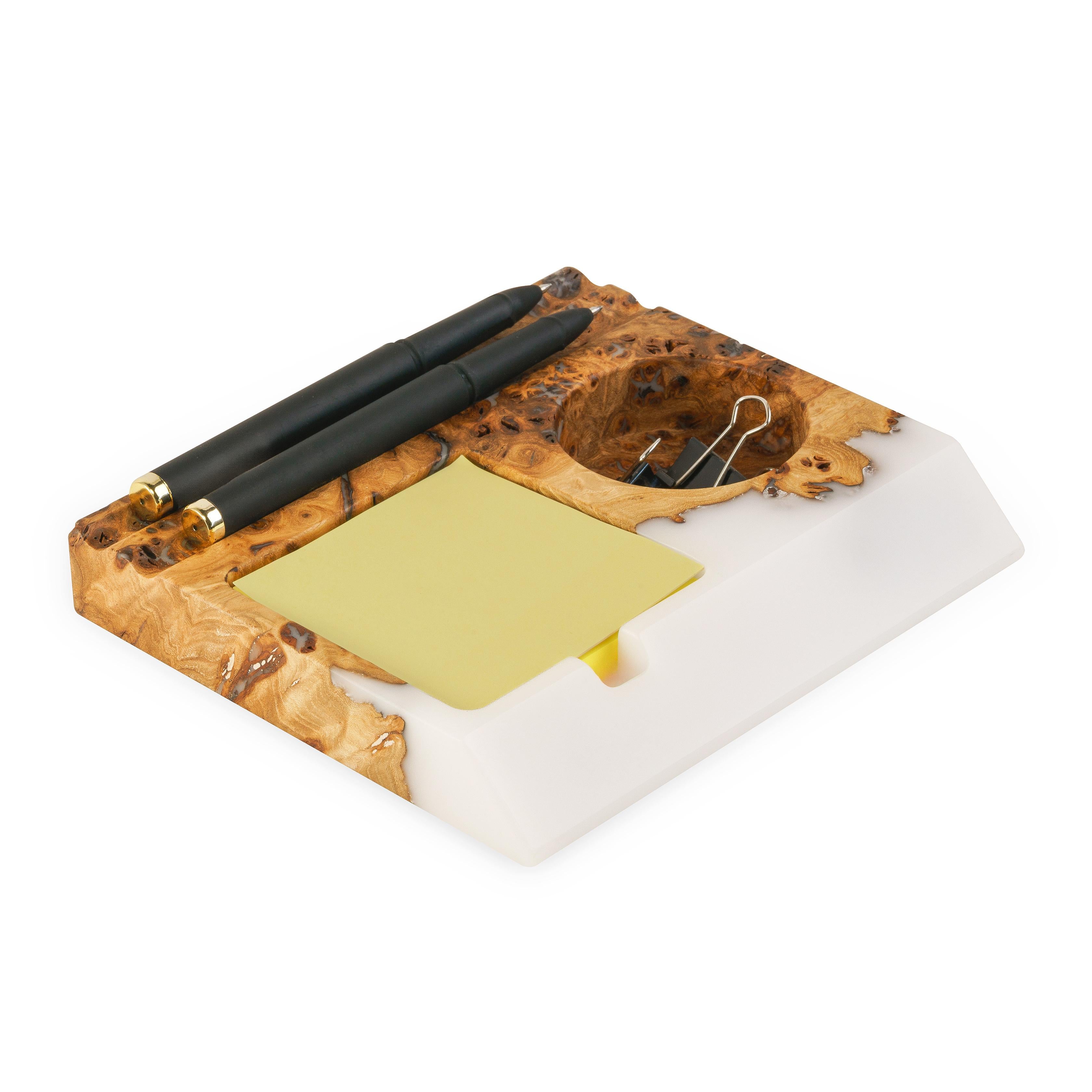 White epoxy and elm wood office desk organizer featuring a built-in phone stand and pen holder