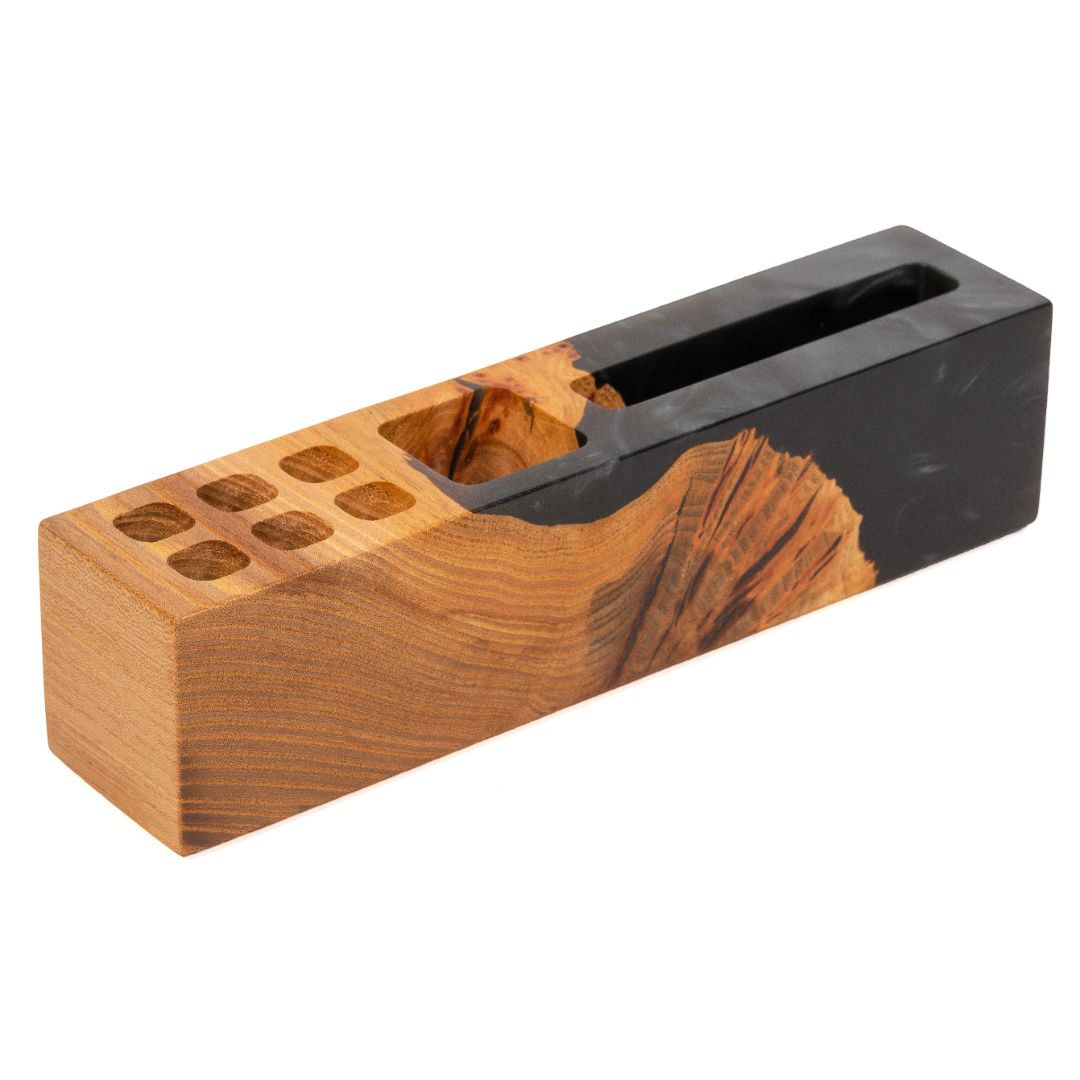 Storage compartments of the ELEMENT wood desk organizer with phone stand and pen holder made from elm wood and black epoxy resin