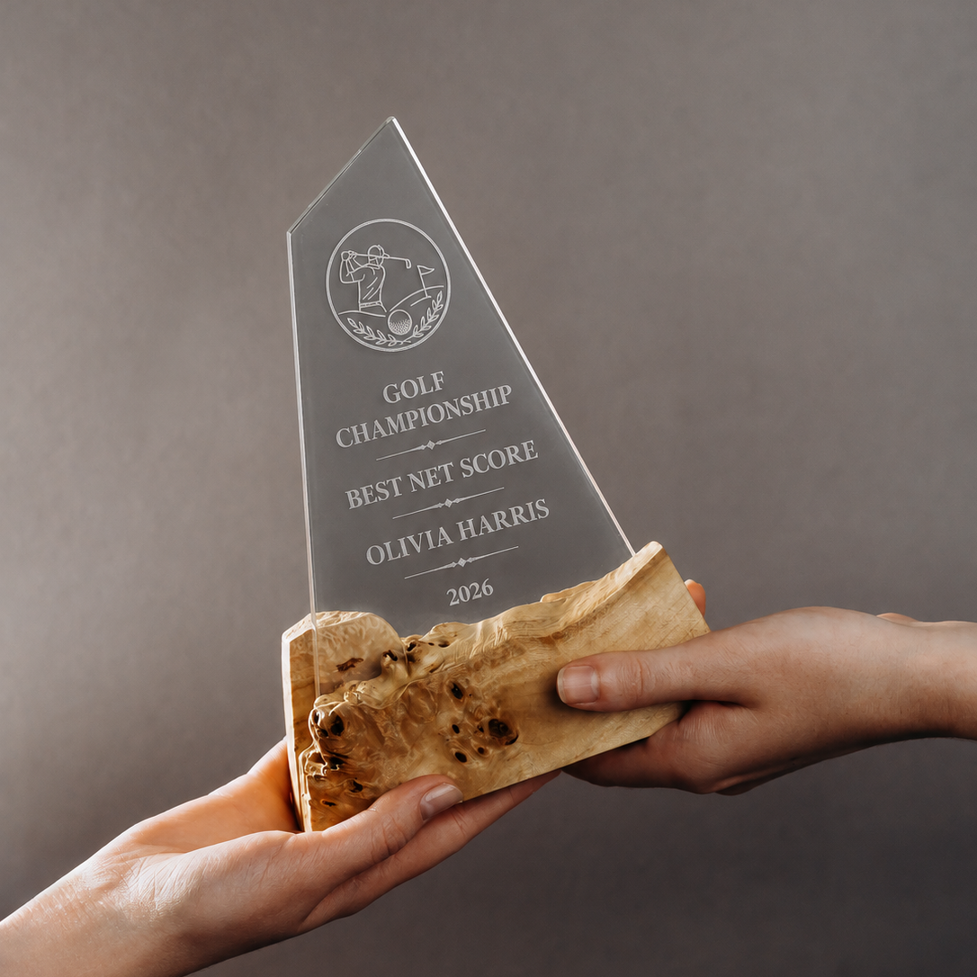 Service award plaque in clear epoxy and elm wood held in two hands, engraved for a golf championship