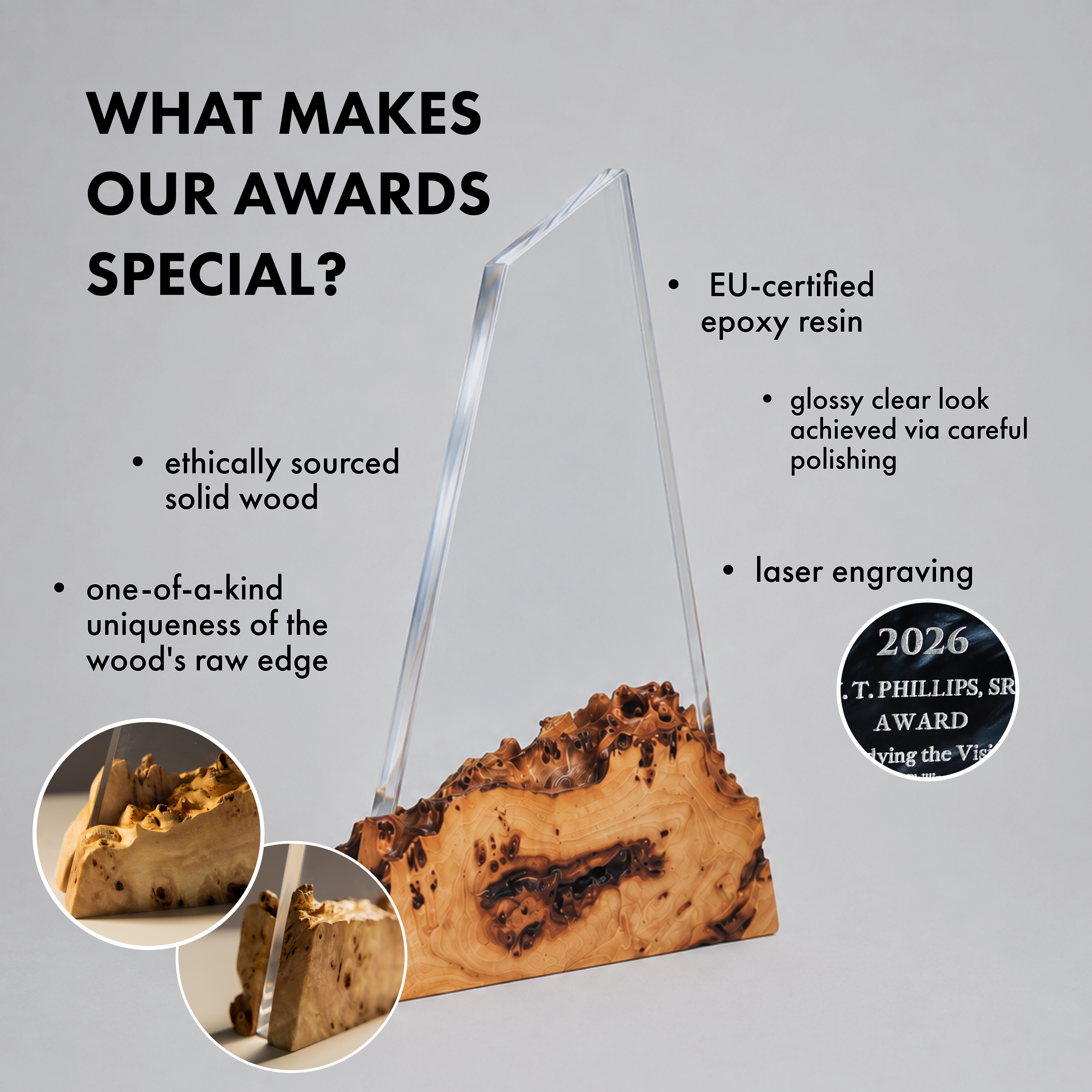 Award plaque feature panel: EU-certified epoxy, ethically sourced wood, live edge, laser engraving