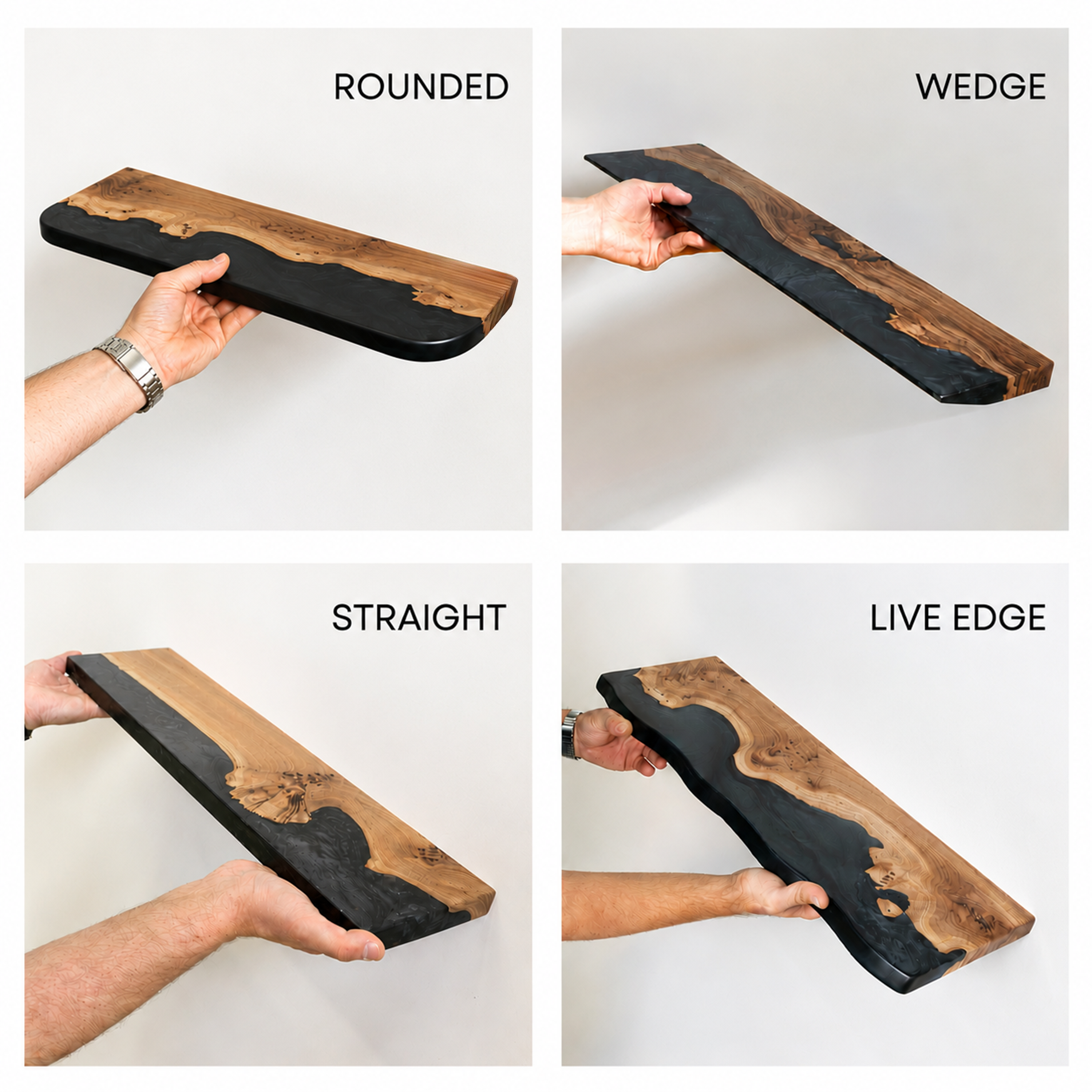 Four different types of wooden trays being held by a hand on a white background.