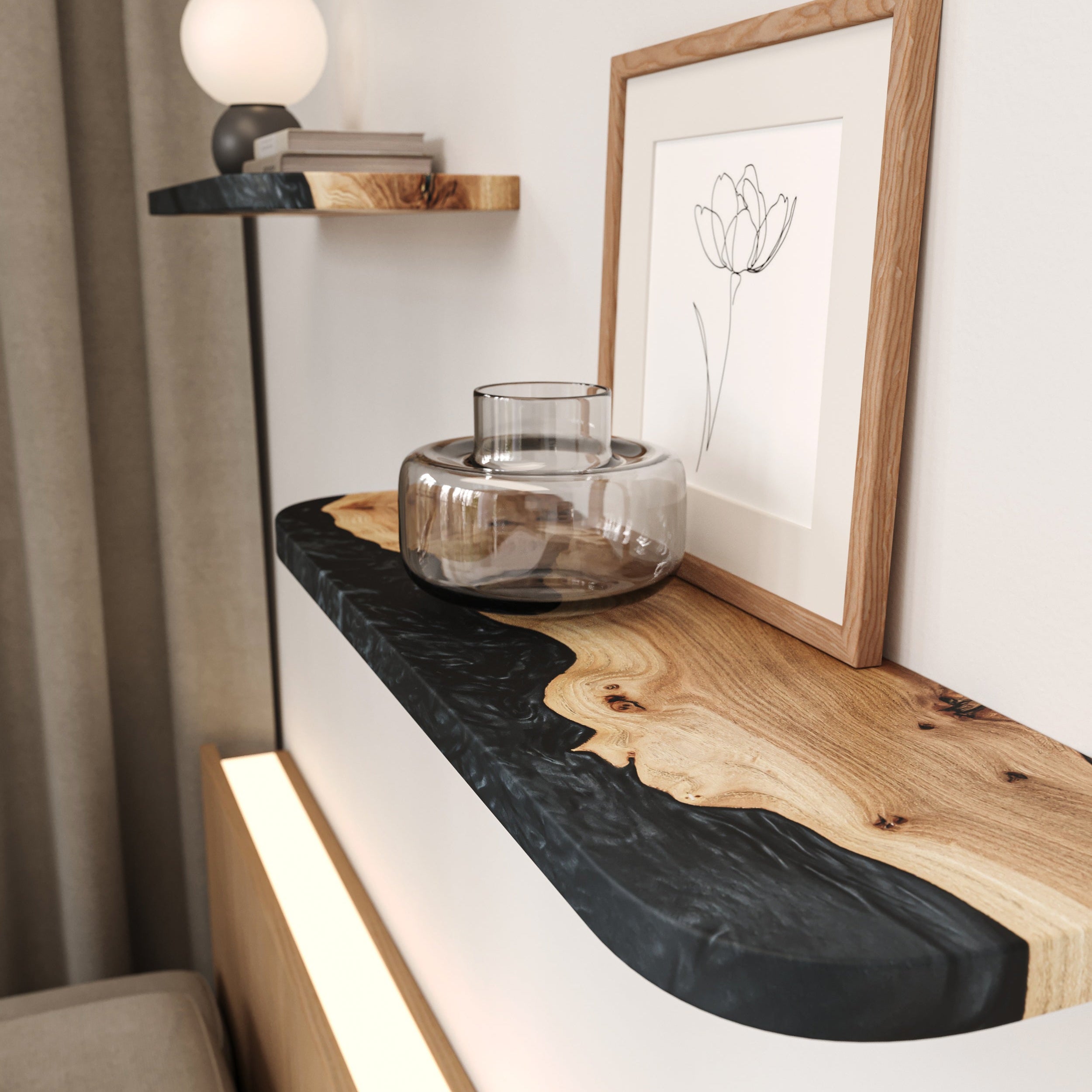 Black Epoxy & Elm Wood - Wedge Floating Shelf