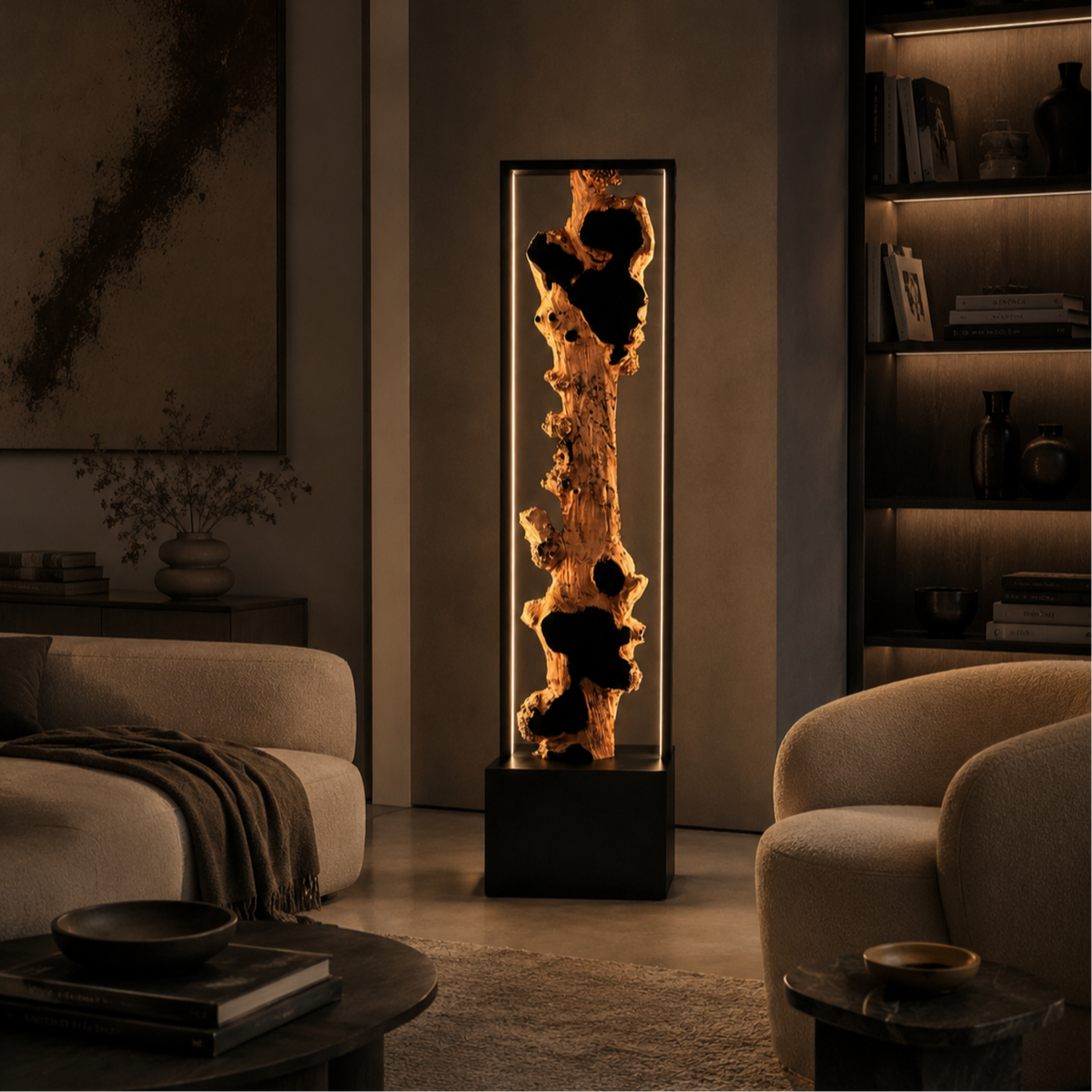 ARGO sculptural wood floor lamp with gold leaf accents, full view