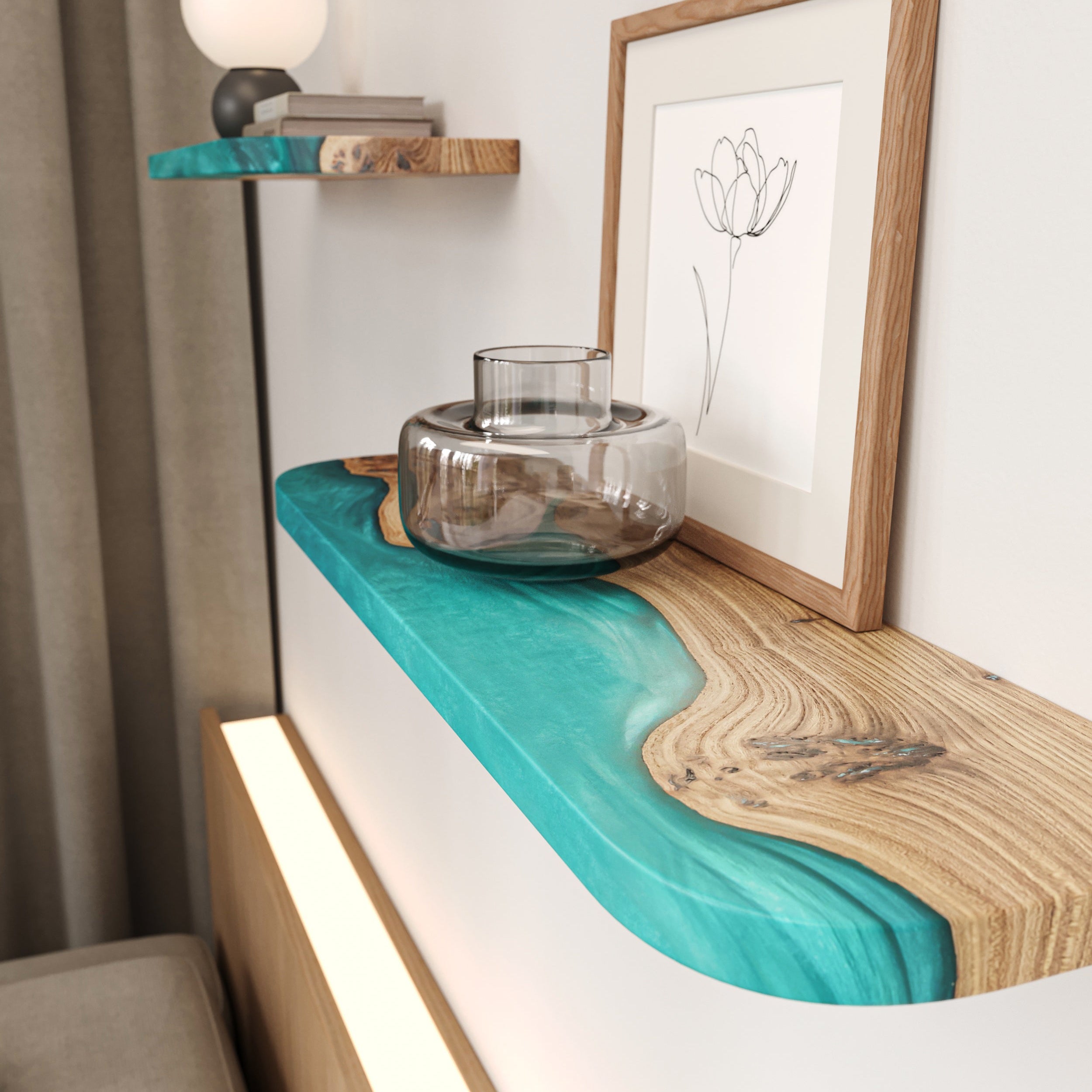 Sky Blue Epoxy & Elm Dark Wood - Live Edge Floating Shelf