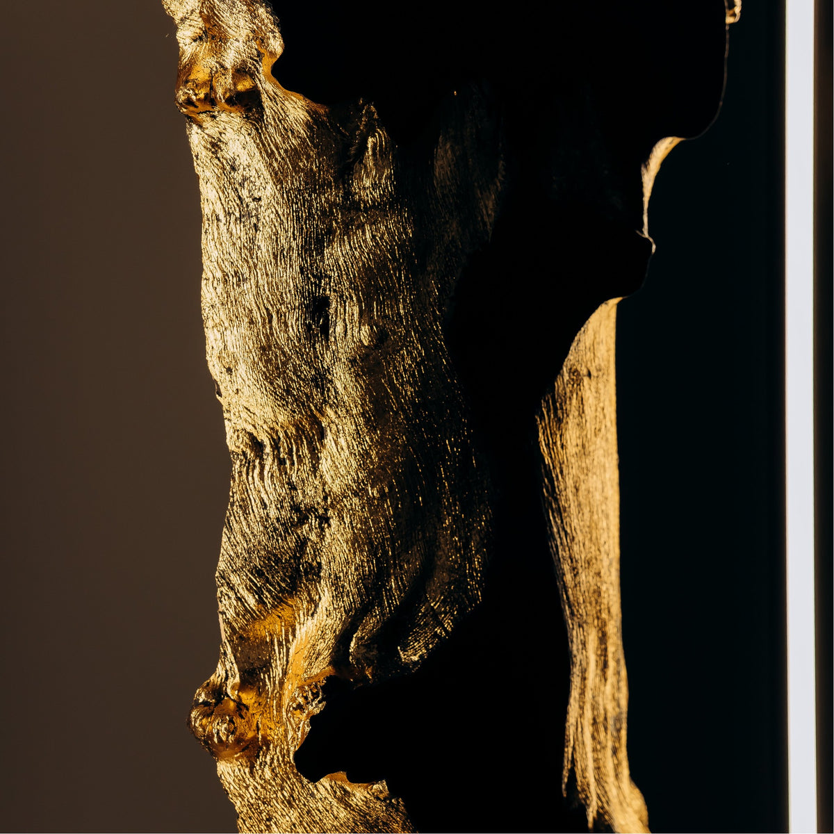 Close-up of ash wood grain and gold leaf finish on ARGO floor lamp