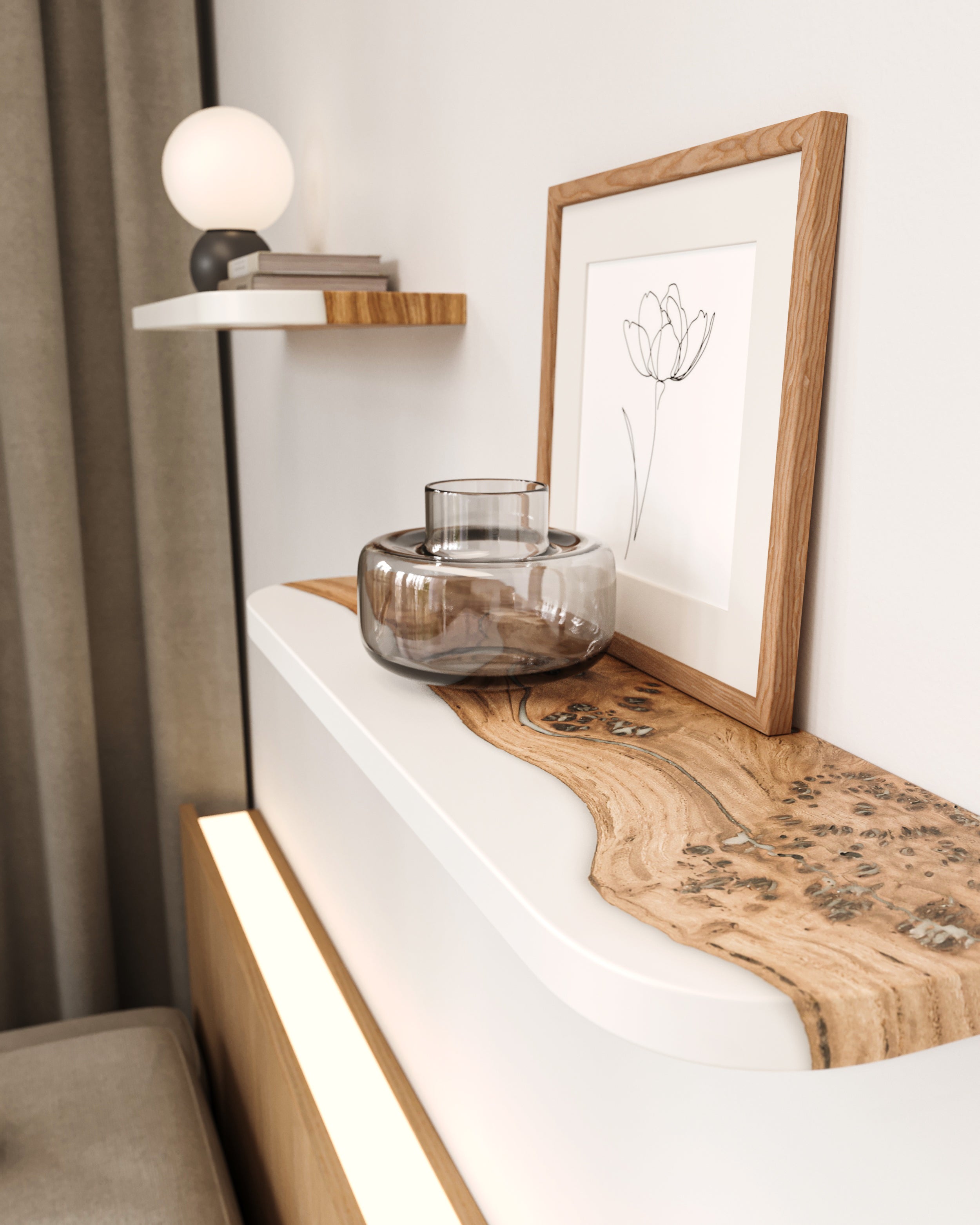 White Epoxy & Elm Wood - Live Edge Floating Shelf