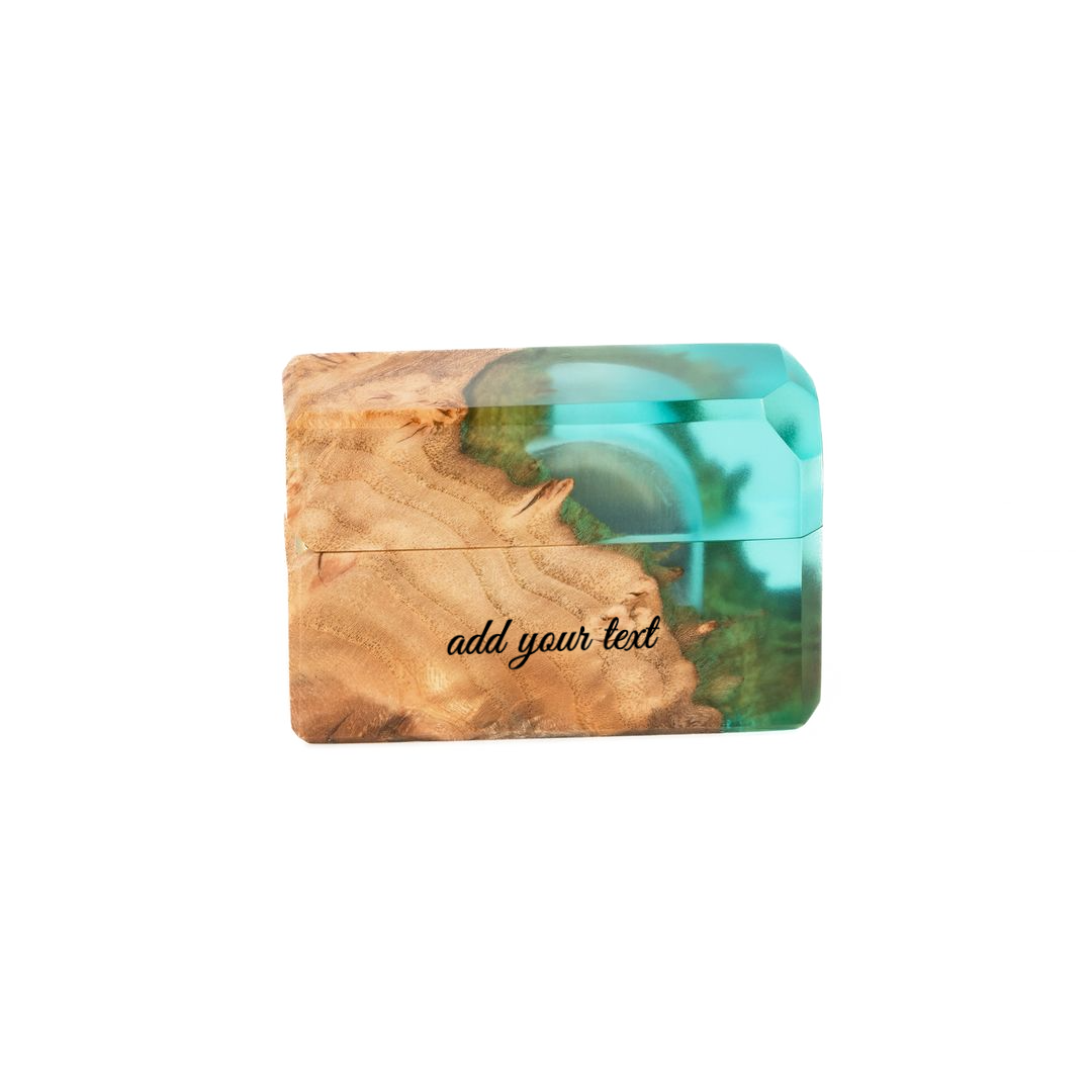 Closed engagement ring box crafted from aqua blue epoxy and natural maple wood, FLASH collection