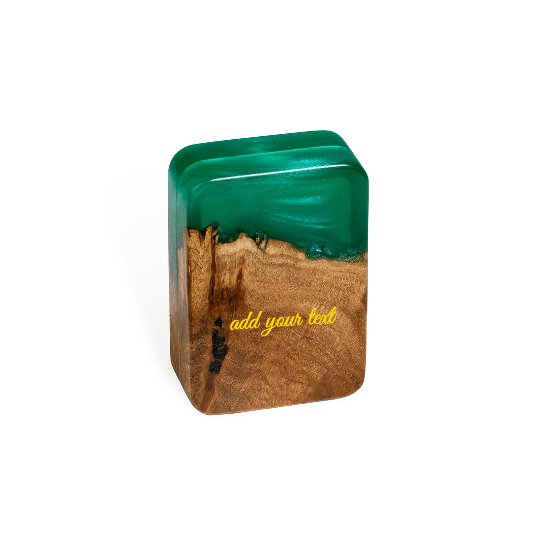 Closed engagement ring box crafted from green epoxy and natural elm wood, FLIP collection