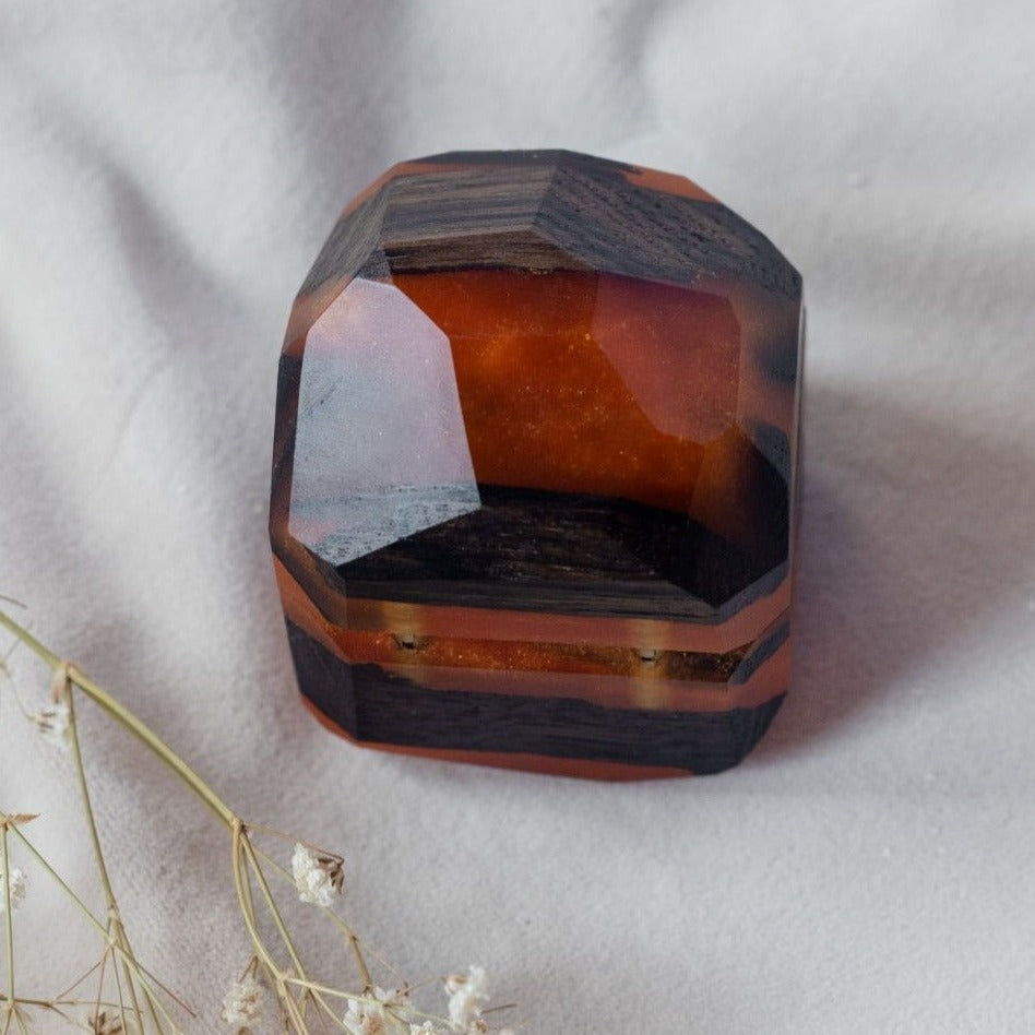 Closed faceted proposal ring box made from amber epoxy and bog oak wood, METEORITE design
