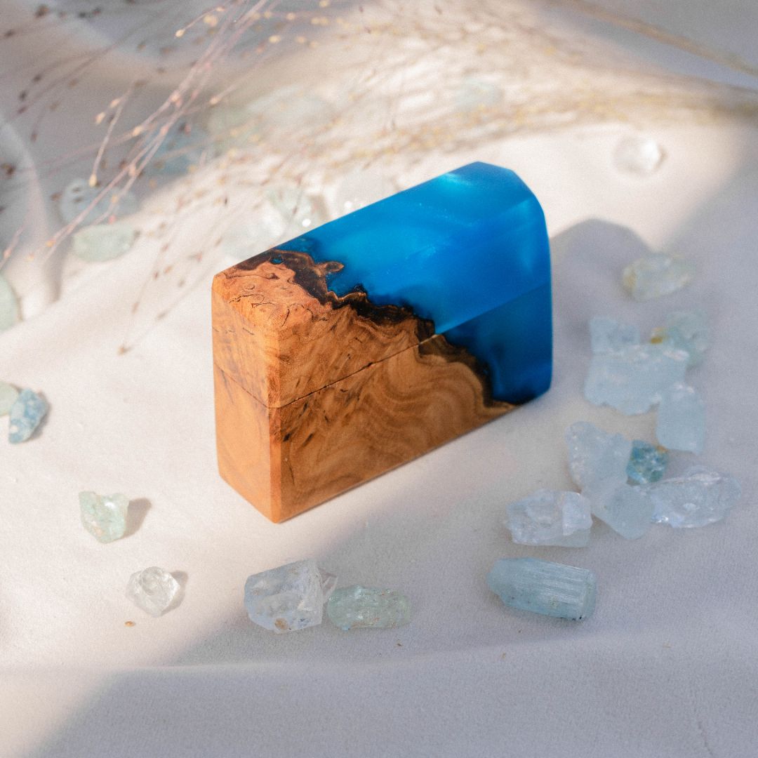 Closed proposal ring box crafted from blue epoxy and natural elm wood, FLASH collection
