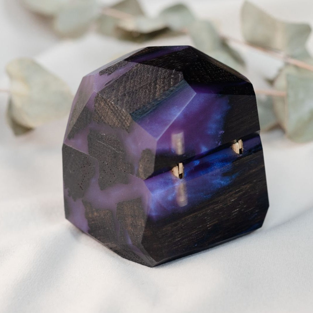 Closed proposal ring box made from purple epoxy and bog oak wood, METEORITE design