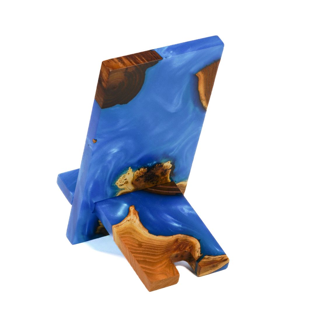 Blue Epoxy Resin &  Dark Wood Phone Holder