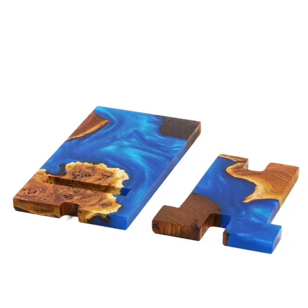 Blue Epoxy Resin &  Dark Wood Phone Holder