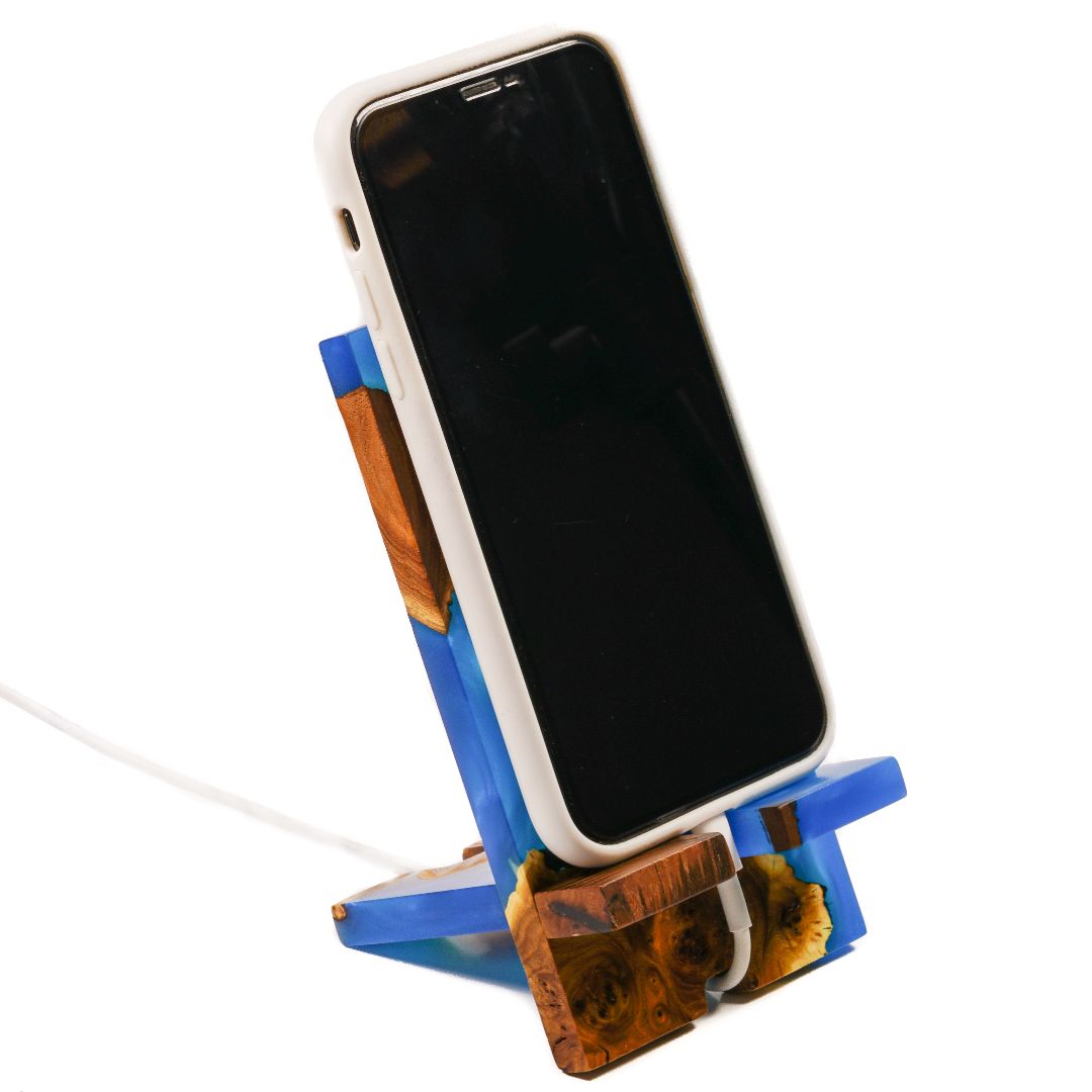 Blue Epoxy Resin &  Dark Wood Phone Holder