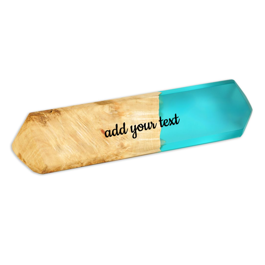 Front view of the personalized desk name plate made from maple wood and aqua blue epoxy resin