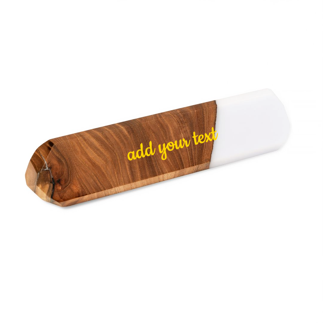 Side view of the personalized desk name plate handcrafted from elm wood and white epoxy resin