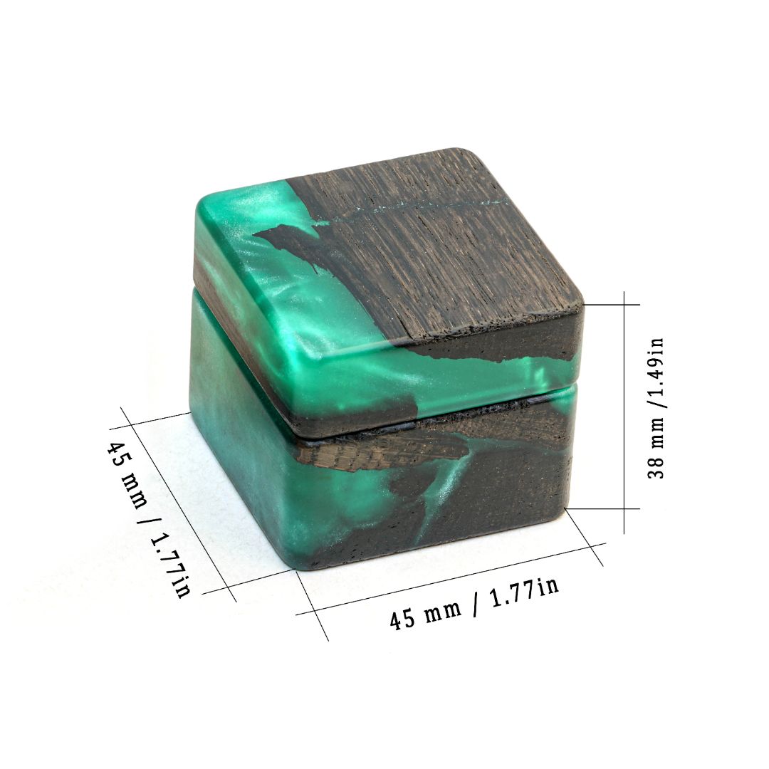 Green epoxy and bog oak wood engagement ring box with dimensions shown for size reference