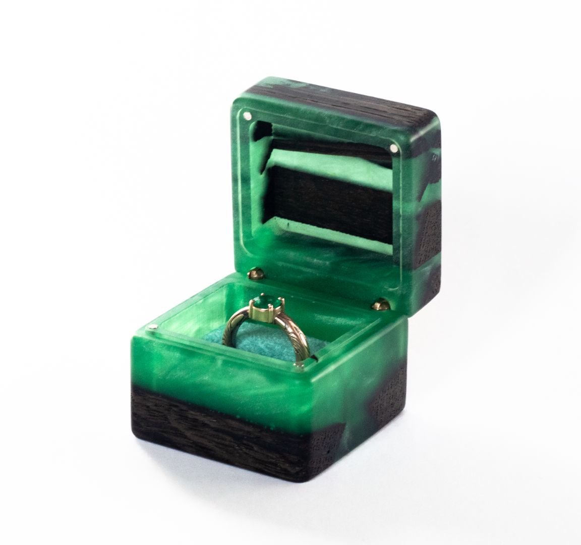 Open green epoxy and bog oak wood engagement ring box with ring slot visible