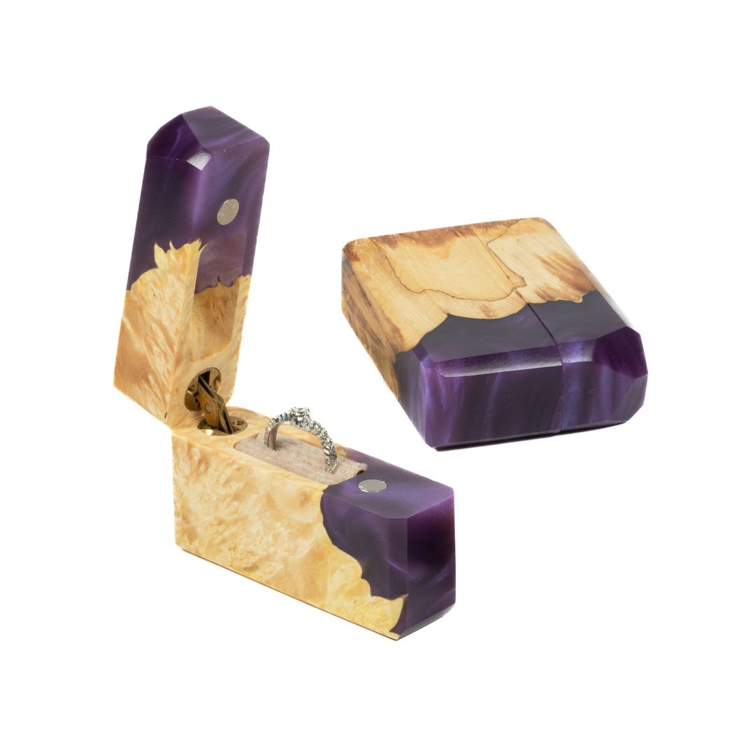 Modern purple epoxy and maple wood engagement ring box displayed from multiple angles