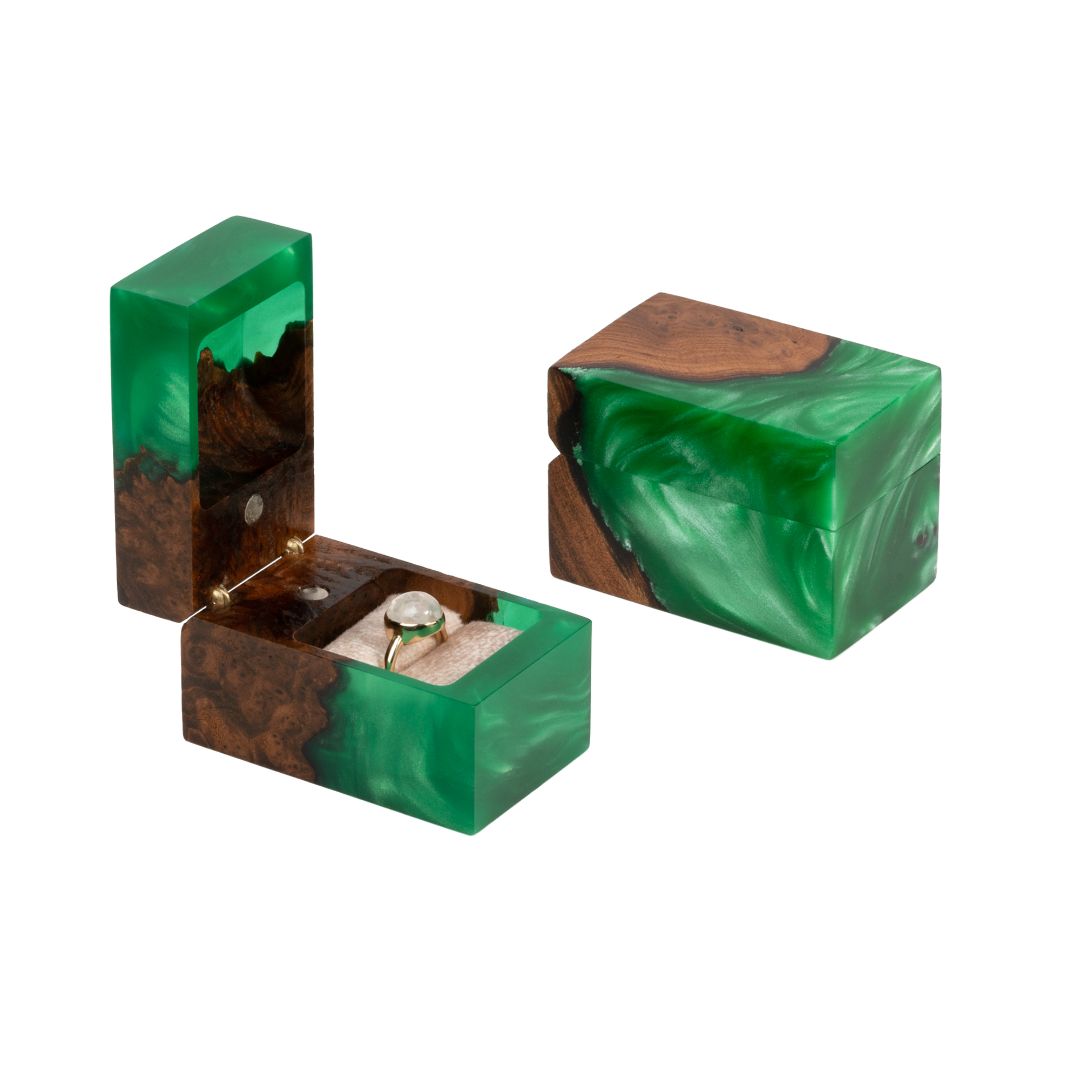 Green epoxy and elm wood proposal ring box shown open and closed for gift presentation