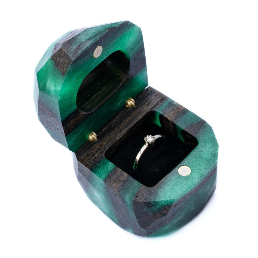 Handcrafted green epoxy and bog oak wood engagement ring box viewed from the front