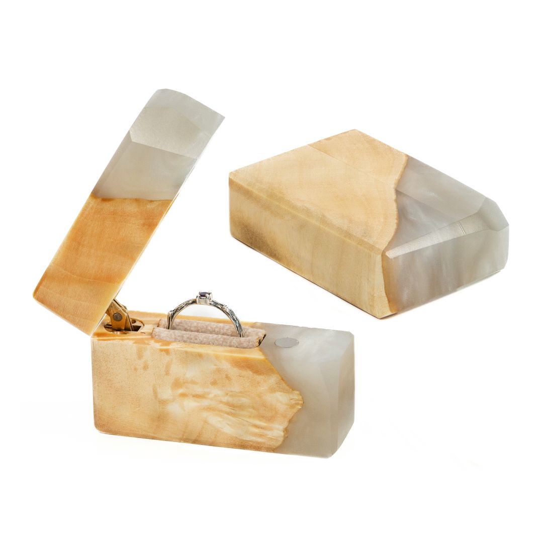 Handcrafted platinum epoxy and maple wood engagement ring box shown open at an angled view