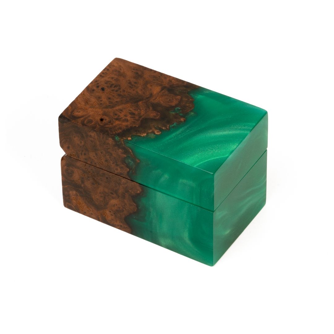 Modern closed proposal ring box featuring translucent green epoxy and natural elm wood grain