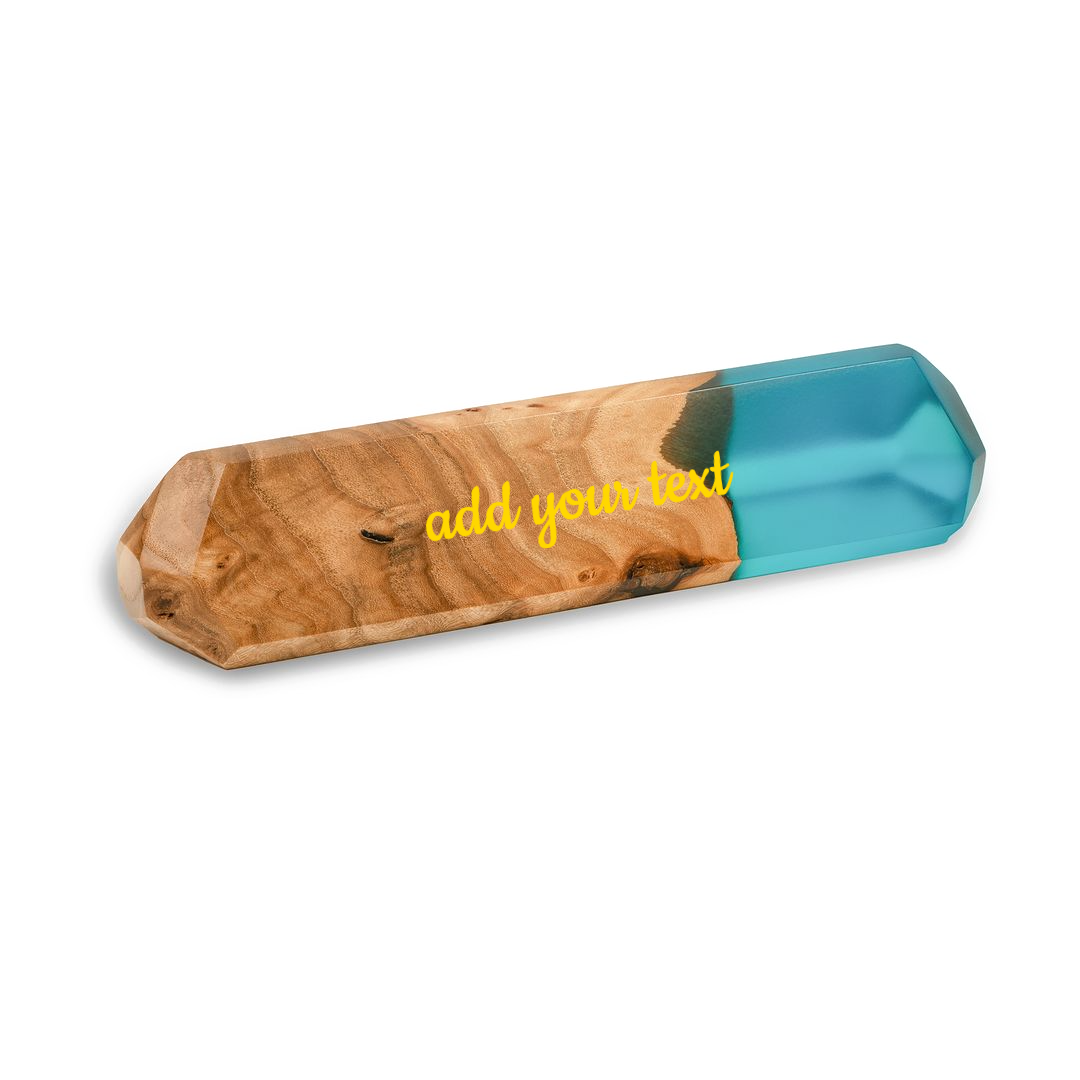 Front view of a personalized desk name plate handcrafted from elm wood and aqua blue epoxy resin