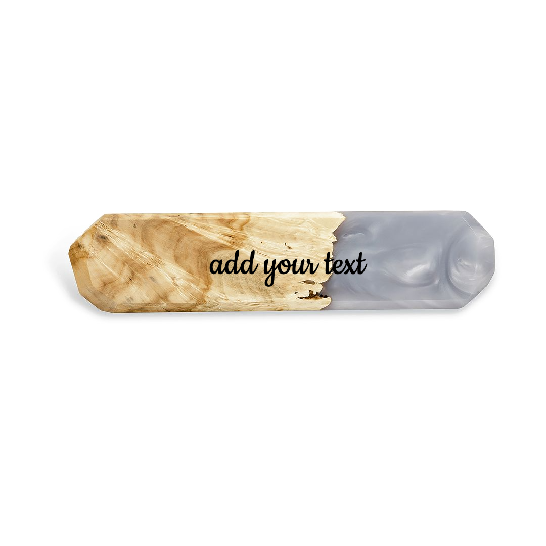 Front view of the personalized desk name plate made from maple wood and platinum epoxy resin