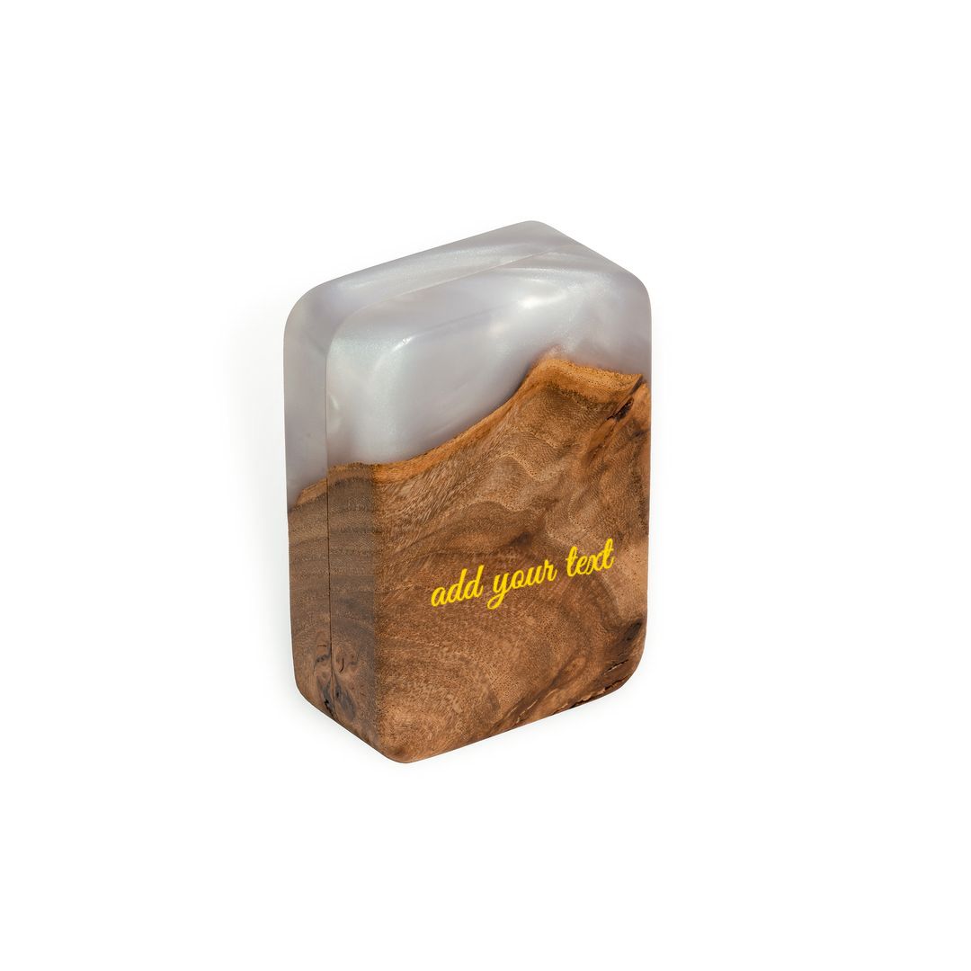 Premium platinum epoxy and elm wood proposal ring box shown in a vertical standing position