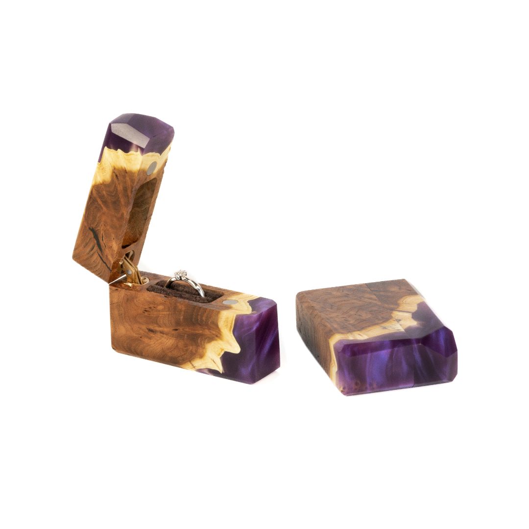 Premium purple epoxy and elm wood proposal ring box shown open with the ring compartment visible