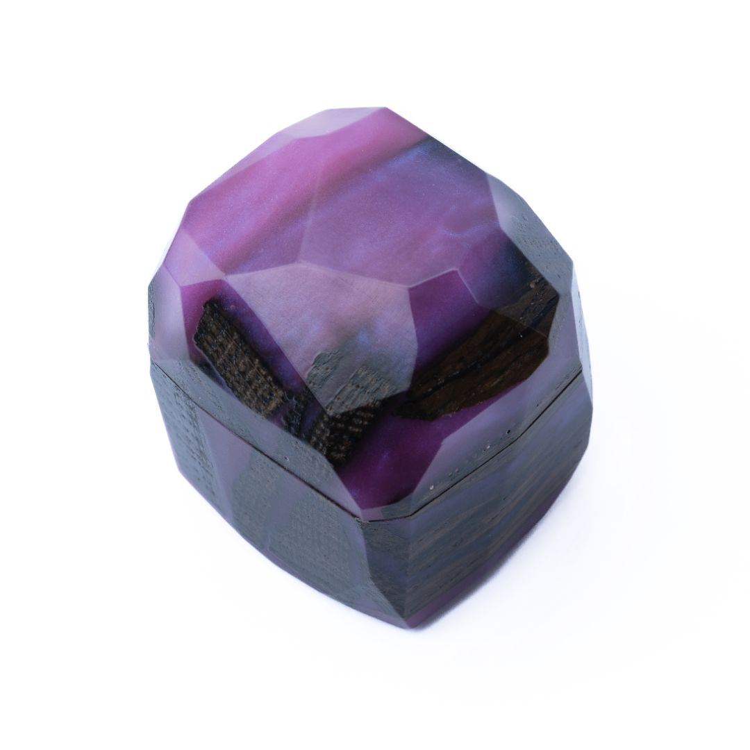 Top view of the handcrafted purple epoxy and bog oak wood proposal ring box